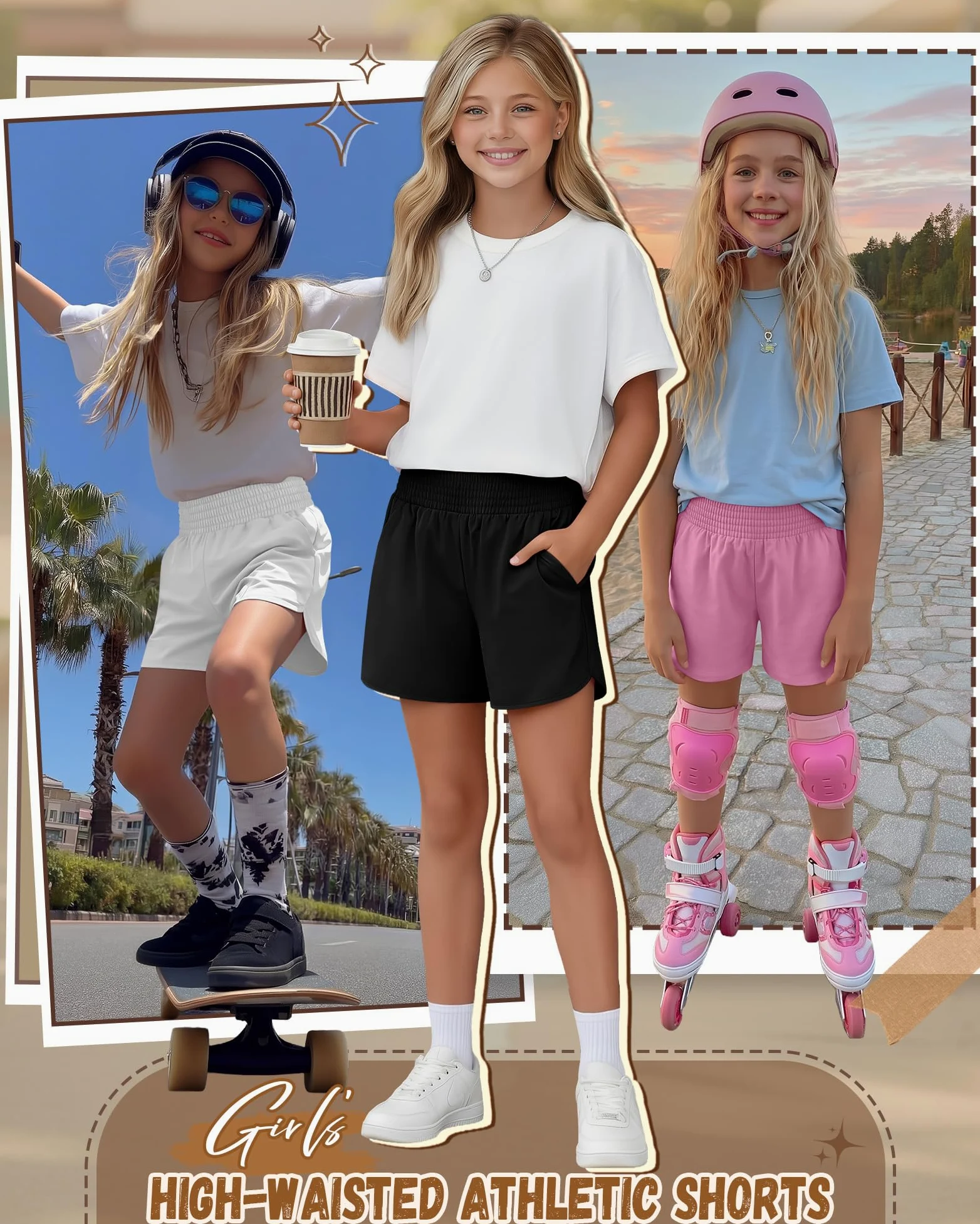 Clabby Lot de 3 Shorts de Sport pour Filles avec Doublure, 2 en 1, séchage Rapide, Taille élastique, pour la Course à Pied
