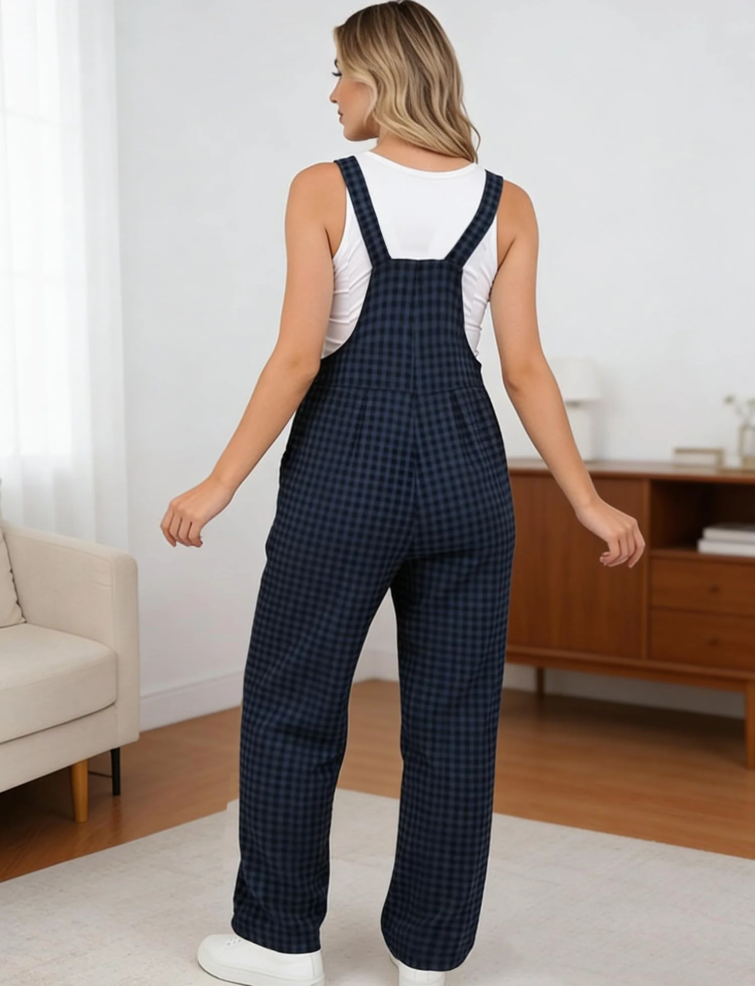 SEAUR Salopette Femme Enceinte Grossesse à Carreaux Sans Manches Combinaison Large avec Poches Pantalon Ample Jumpsuit Décontractée