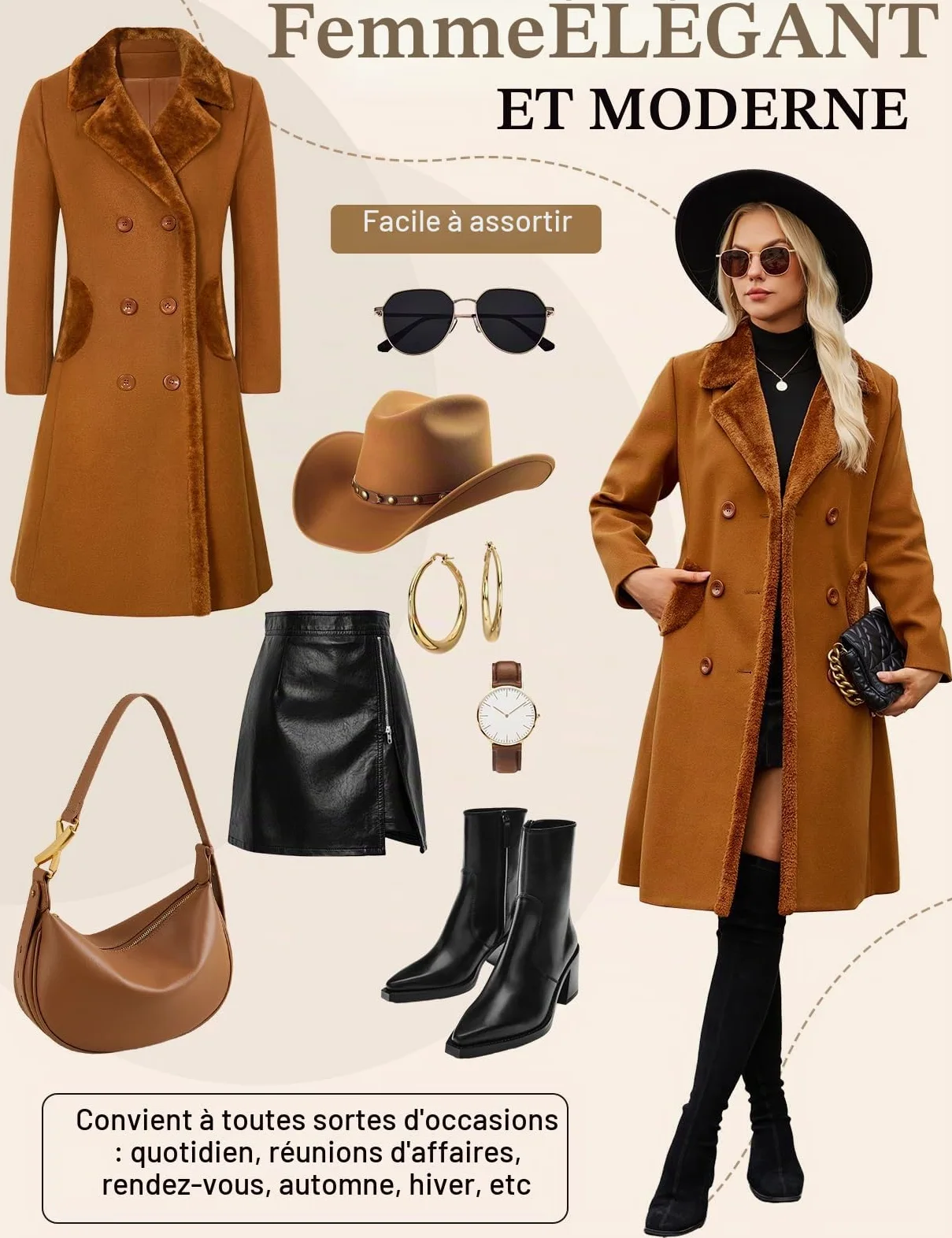 Yuson Girl Manteau Femme Hiver Longue Classiques Double Boutonnage Manteau Chaud Coupe Vent Manteaux Mi-Long Automne Hiver Trench Coat à Revers Chic et Élégant avec Poches