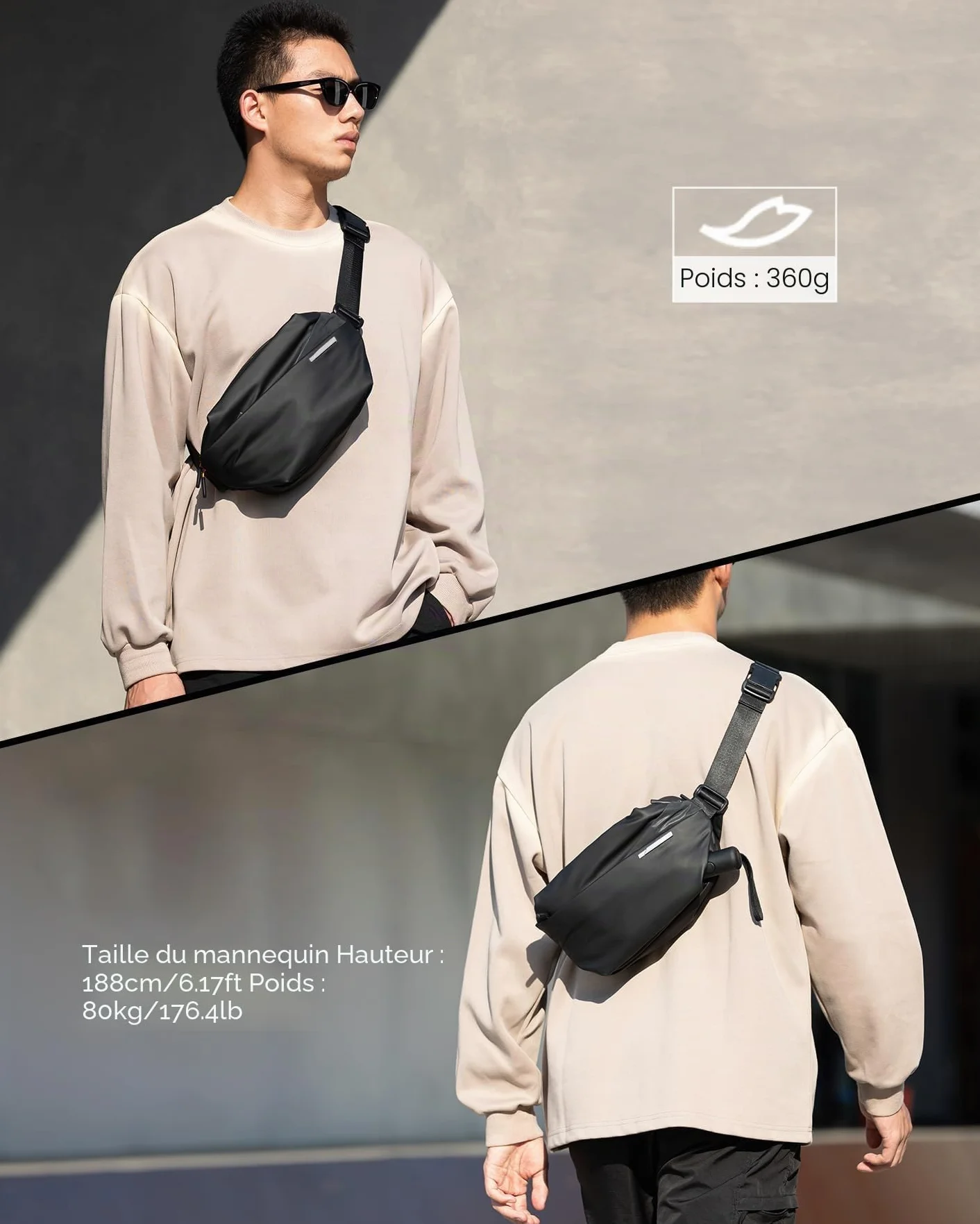 Inateck Sac Banane Hommes Femmes bandoulière réglable Sacoche Ceinture Polyvalent Voyage Randonnée Cyclisme Travail Sport Noir