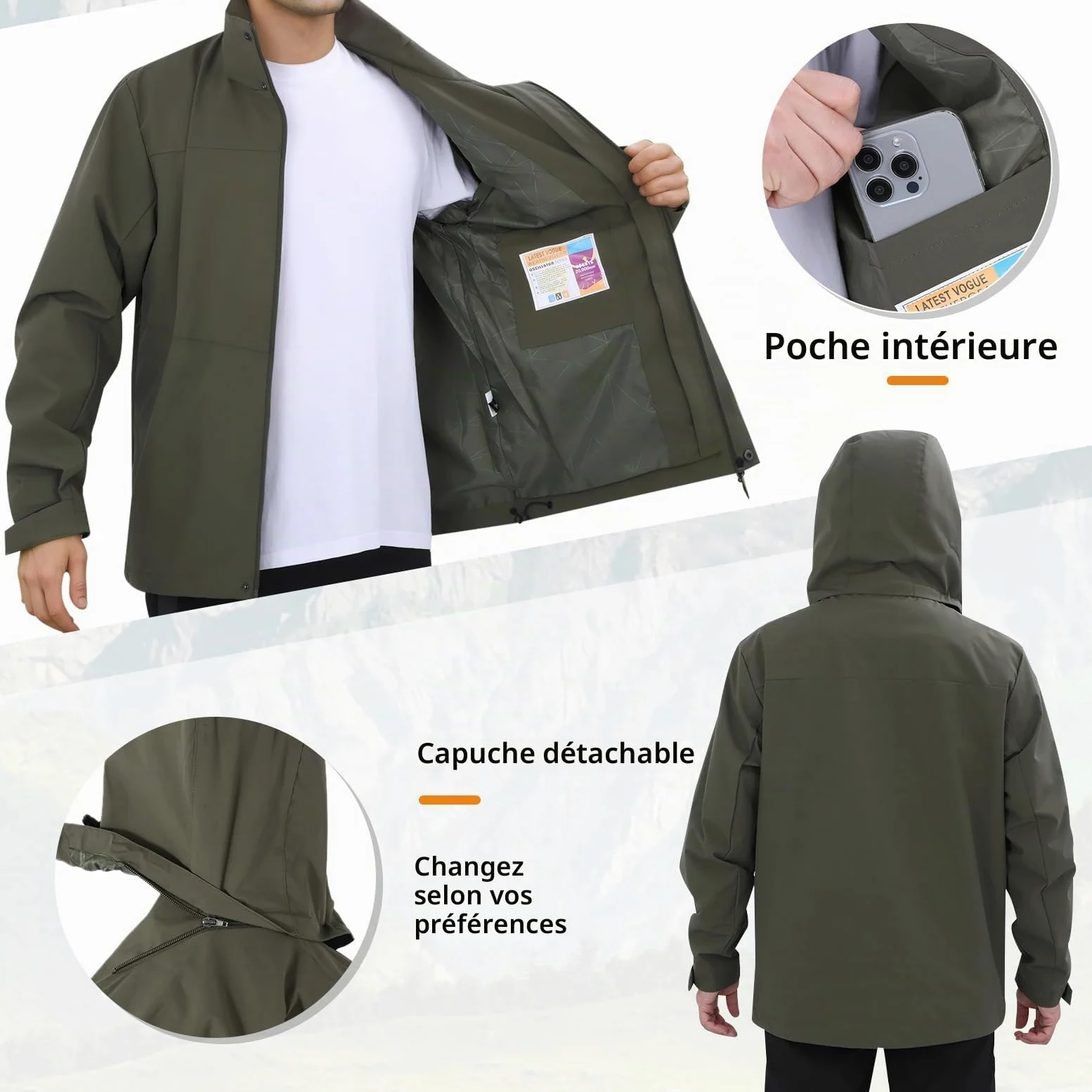 SUKUTU Vêtements d'extérieur imperméables pour Hommes Manteau coupe-vent avec capuche Veste Multifonctionnelle Alpinisme Camping poinçonnée Veste de pluie légère et Respirante