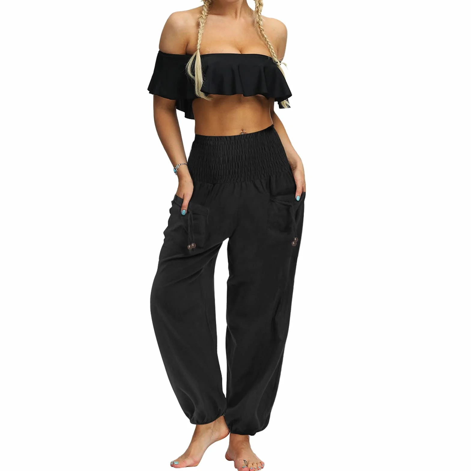 Nuofengkudu Femme Hippie Pantalon Sarouel Poche Taille Haute Harem Yoga Pants Boheme Soft Leger Pantalons Pyjama Ete Plage