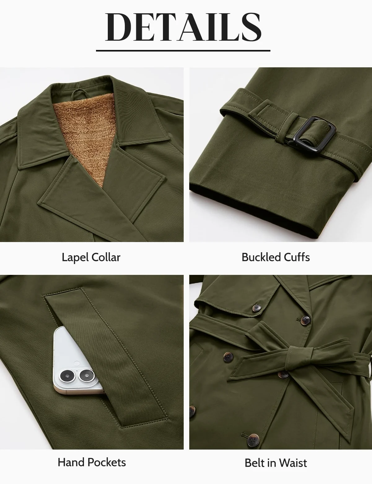 Vancavoo Manteau Trench Femme Long Veste Chaud Doublé Polaire avec Ceinture | Coupe Croisée à Revers, Poignets Réglables, 2 Poches Main, Poche Intérieure, Doublure Douce, pour Ville et Bureau