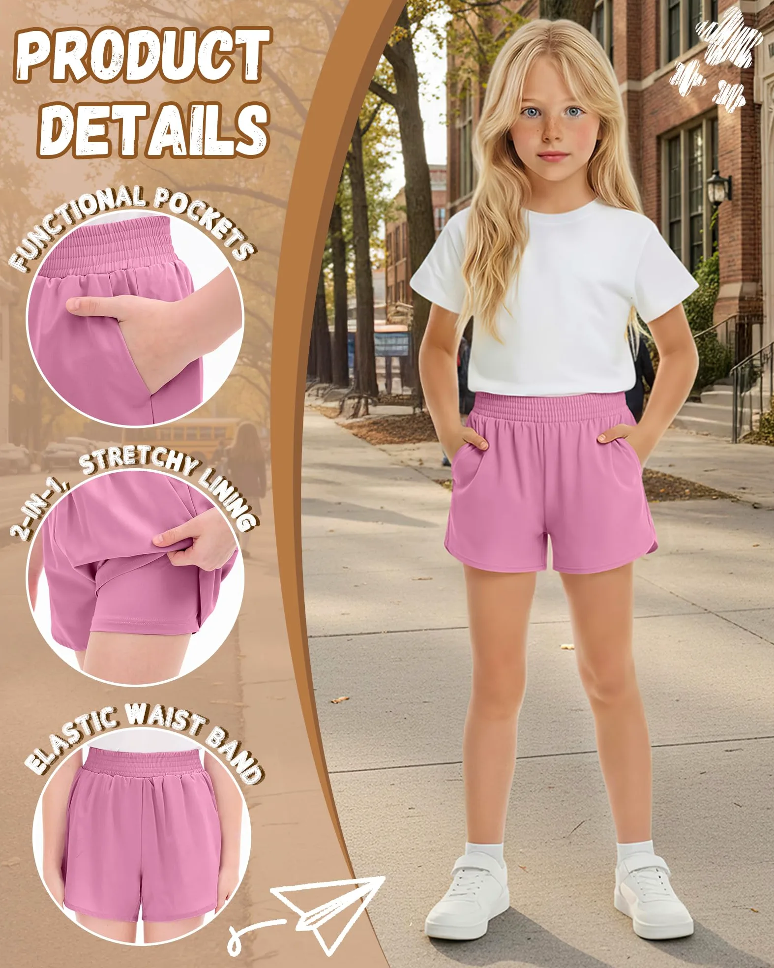 Clabby Lot de 3 Shorts de Sport pour Filles avec Doublure, 2 en 1, séchage Rapide, Taille élastique, pour la Course à Pied