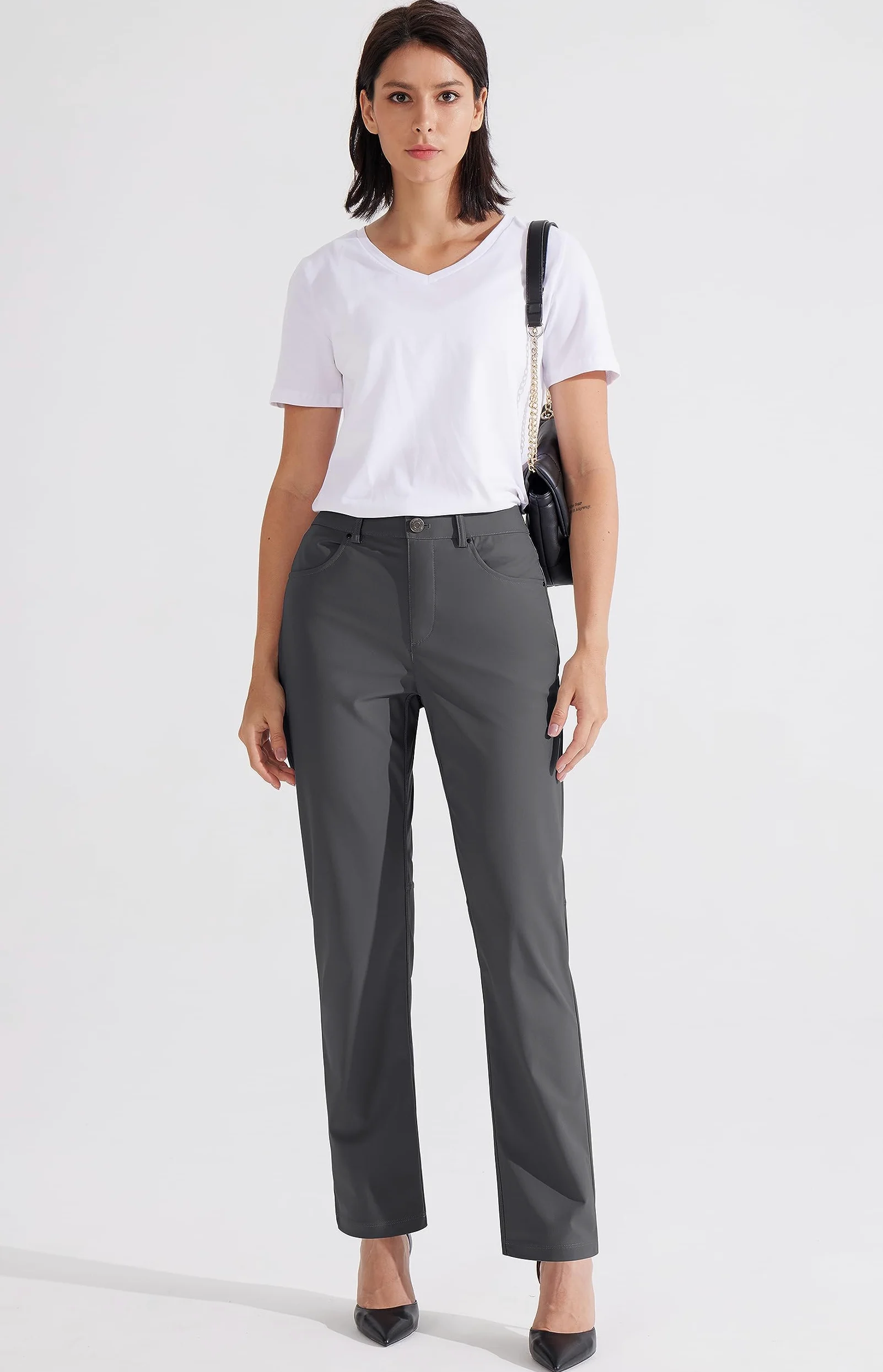 Libin Pantalon habillé pour femme 73,7 cm, 78,7 cm, extensible, jambe droite, pantalon de travail, pantalon de golf décontracté pour le bureau, le travail, le voyage, léger, gris foncé, 34