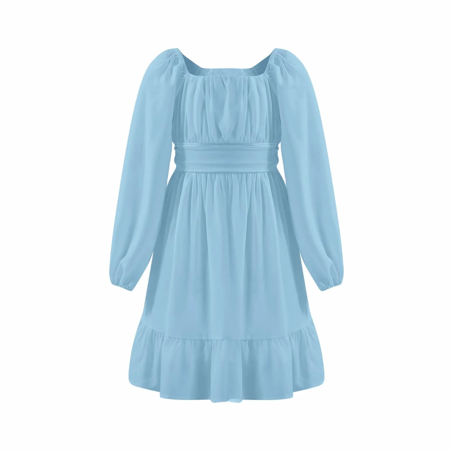 Robe trapèze à manches longues col carré pour fille taille haute plissée plage vacances mariage