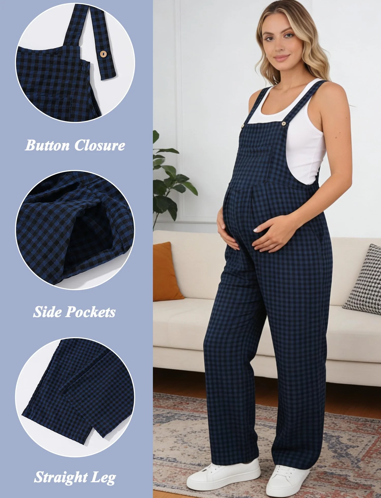 SEAUR Salopette Femme Enceinte Grossesse à Carreaux Sans Manches Combinaison Large avec Poches Pantalon Ample Jumpsuit Décontractée