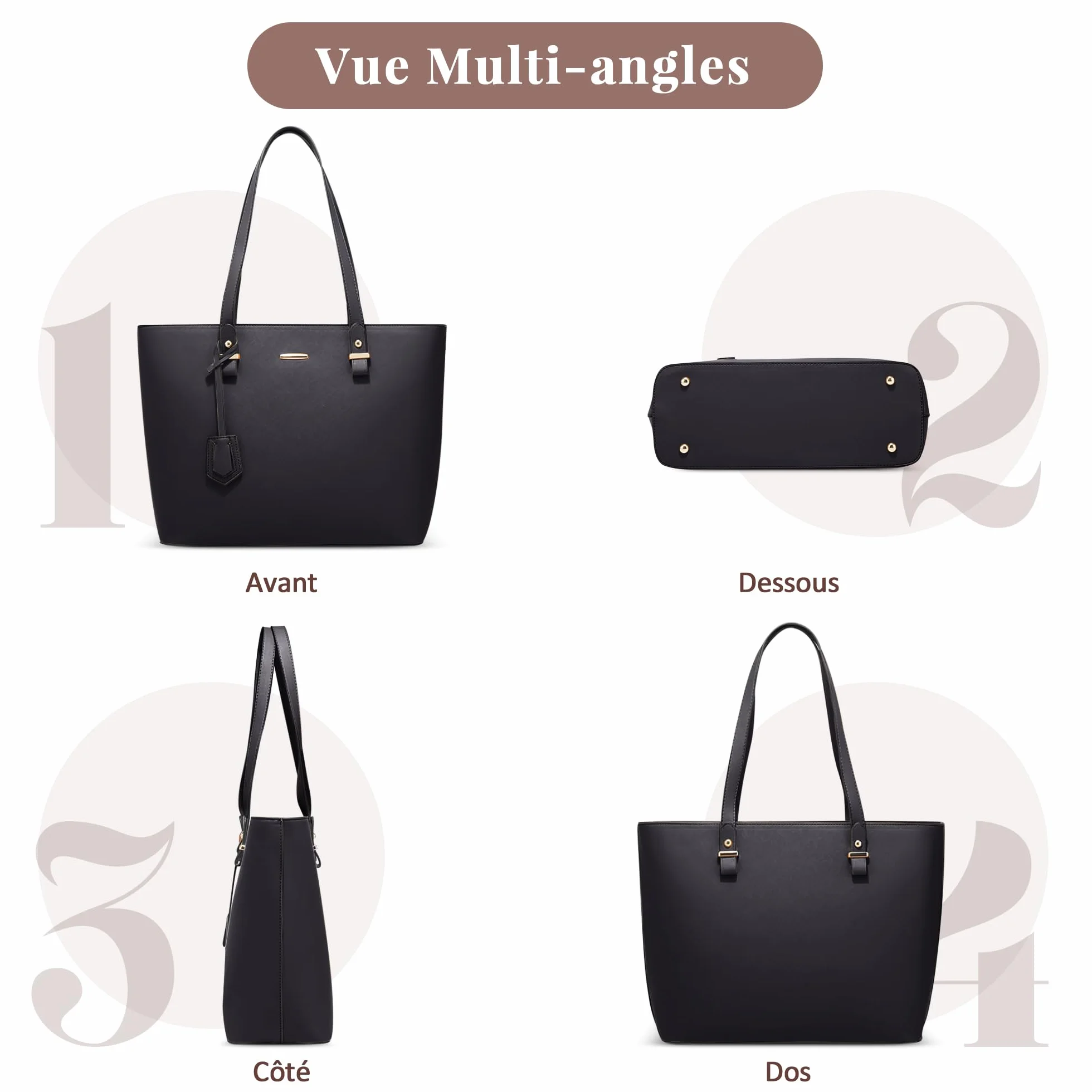 Sac à Main Femme 4 Pièces — Grand Cabas PU Cuir Élégant avec Bandoulière, Pochette et Porte-Carte, Idéal Université, Travail, Shopping, Voyage Noir
