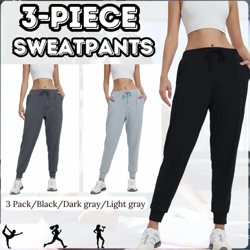 Lot de 3 pantalons de survêtement longs pour femme - Pantalon d'entraînement fitness taille haute - Pour le sport, le yoga, les loisirs - Avec poches