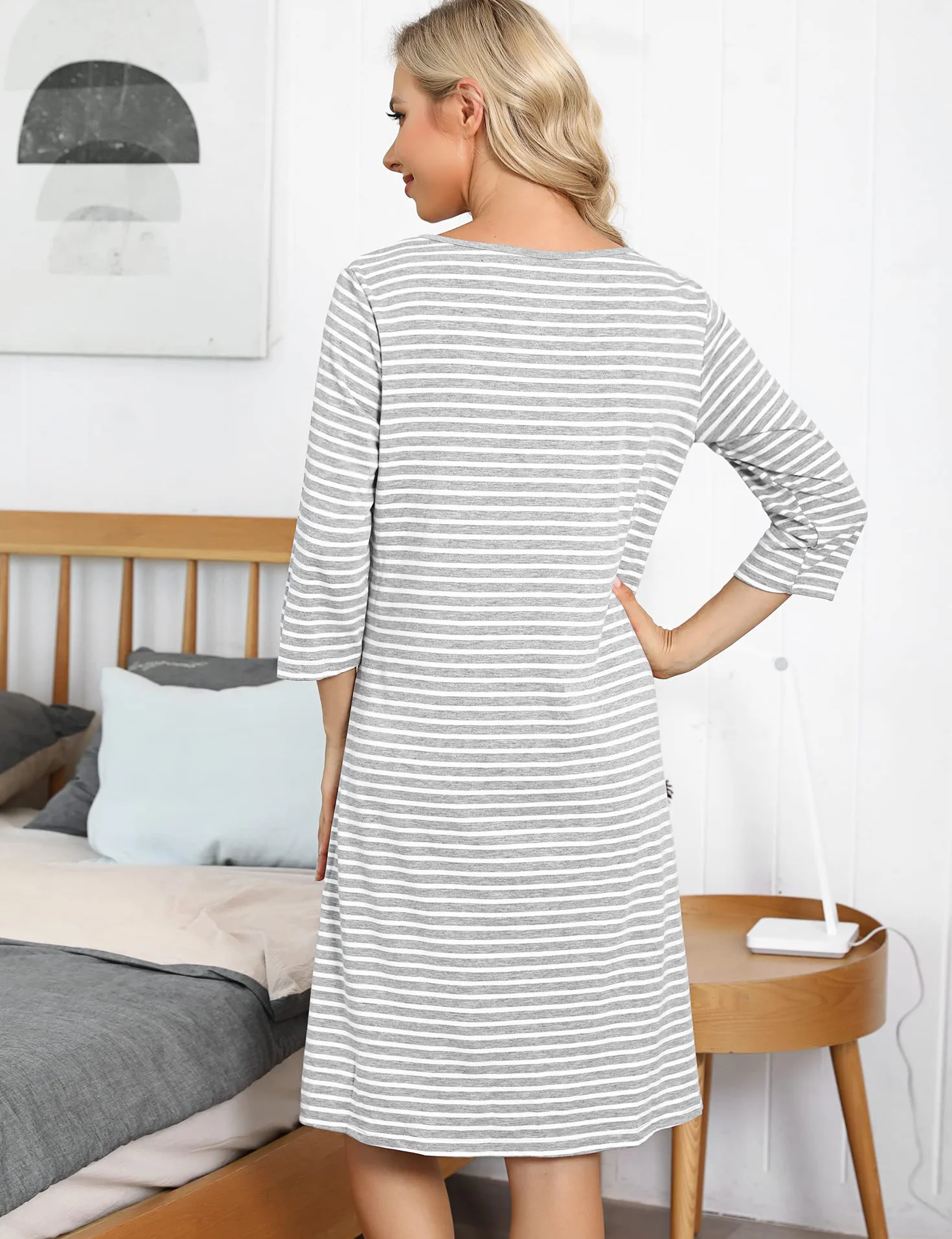Marvmys Chemise de Nuit Allaitement Maternité 3/4 Manche Rayé Boutonnée Robe de Nuit pour Grossesse Femme