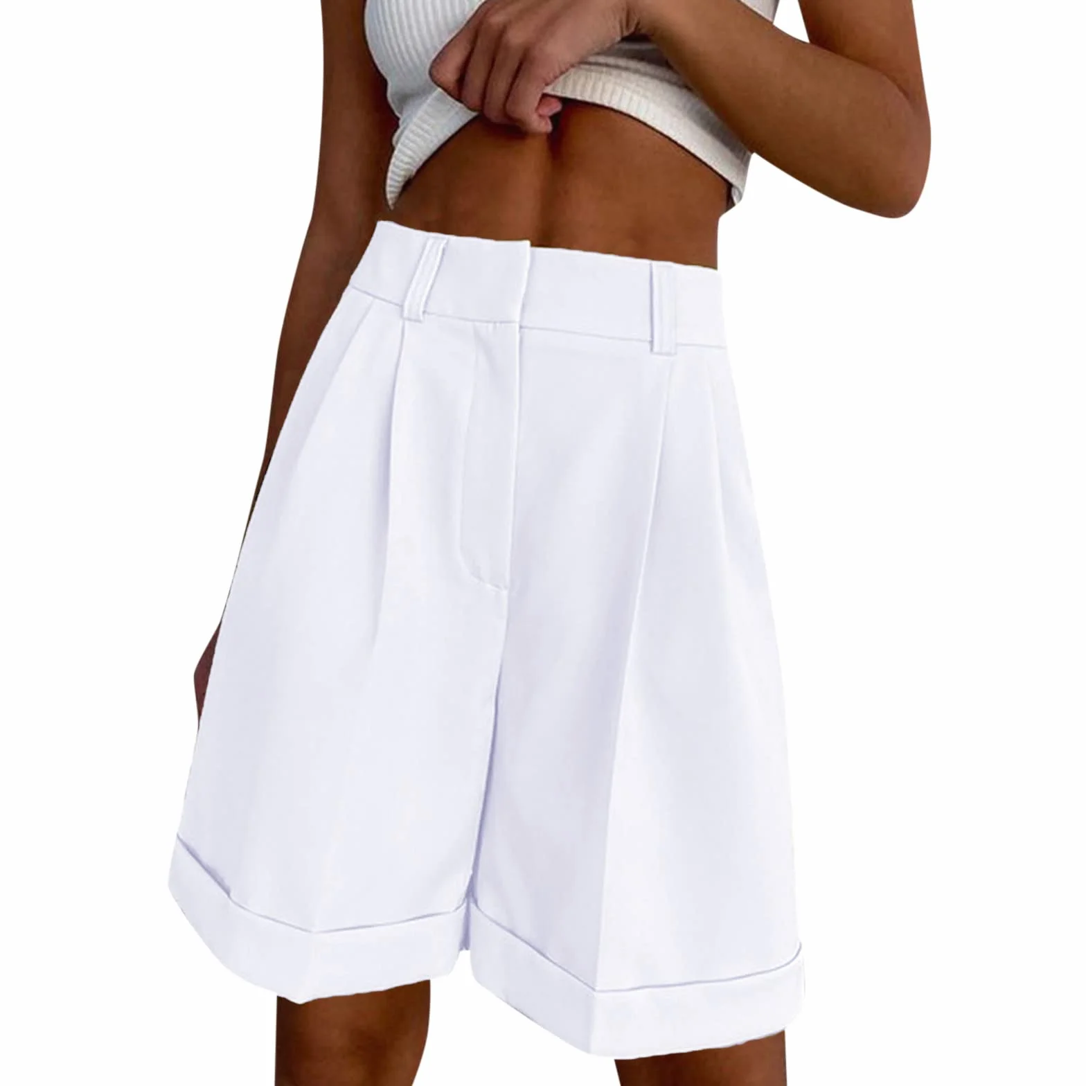 Short habillé décontracté pour femme - Jupe large - Short d'affaires court et élégant - Bermuda taille haute - Longueur genou - Short d'été confortable pour un usage quotidien