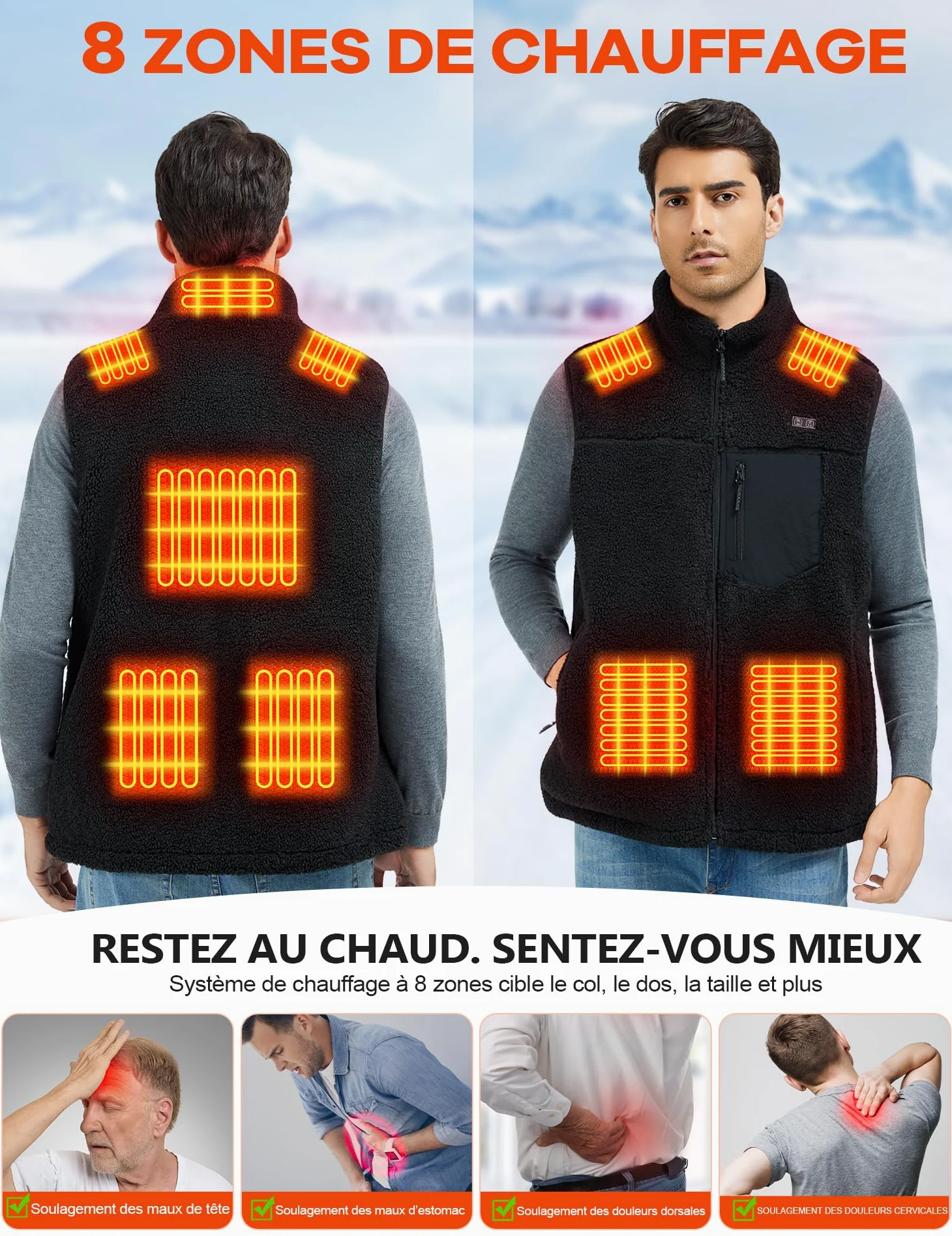 Gilet Chauffant Homme avec Batterie 18400mAh 7,4 V，Polaire Gilet Chauffant, 8 Zones Chauffantes Lavable Veste Chauffante Électrique Hiver