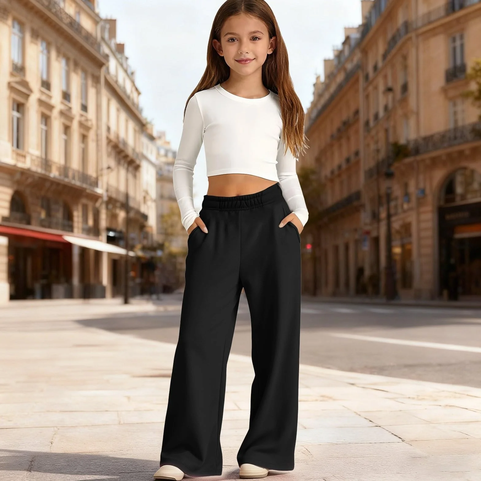 Pantalon de jogging ample à jambes larges pour filles avec poches, taille élastique, jambe droite, pantalon d'école, pantalon de sport uni, pantalon de survêtement athlétique de printemps