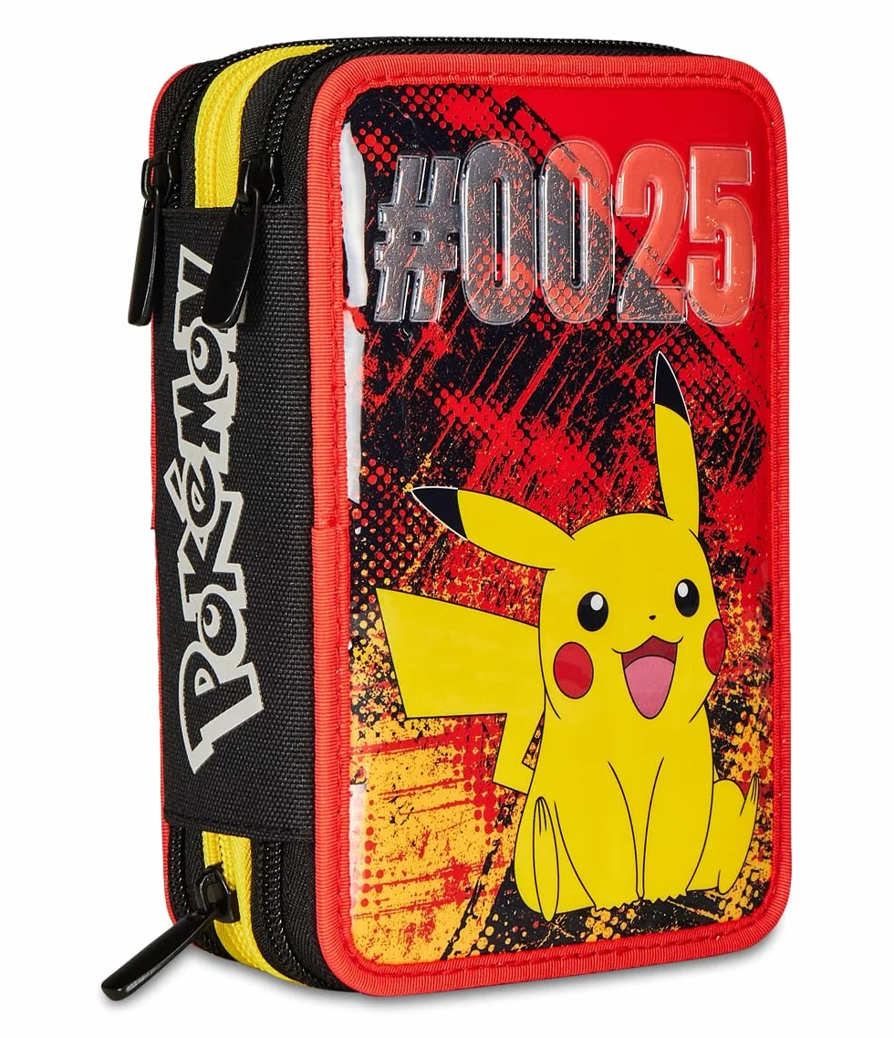 Pikachu Pokemon Trousse Scolaire 3 Compartiments Jaune Rouge Porte-Stylo