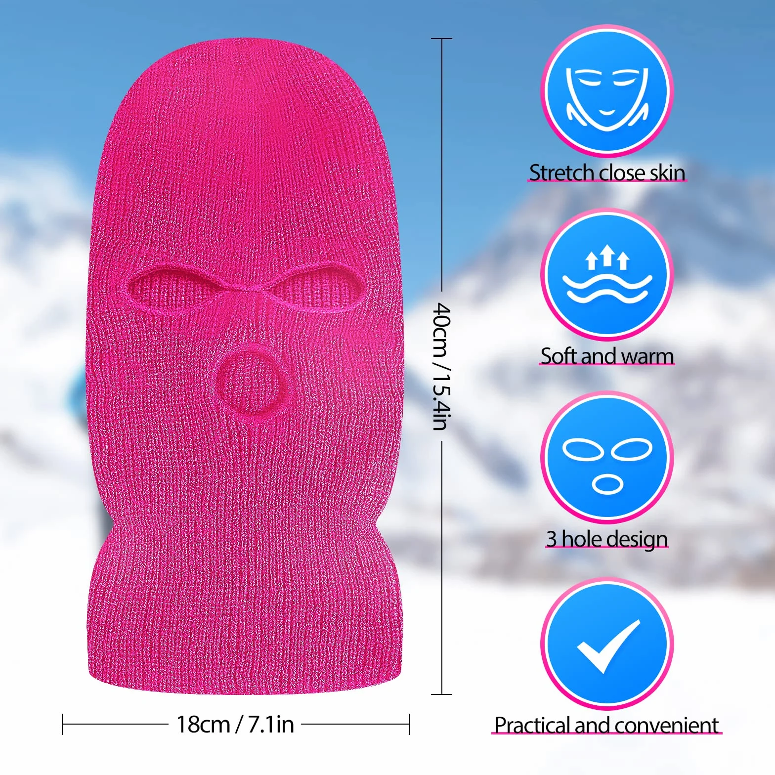 BBTO Balaclava À 3 Trous Visage Tricoté Cagoule Visage Complet Intégrale d'hiver Masque Ski Tricoté Thermique Couvre-Visage Protection Facial pour Activité Extérieure (Rose Rouge)