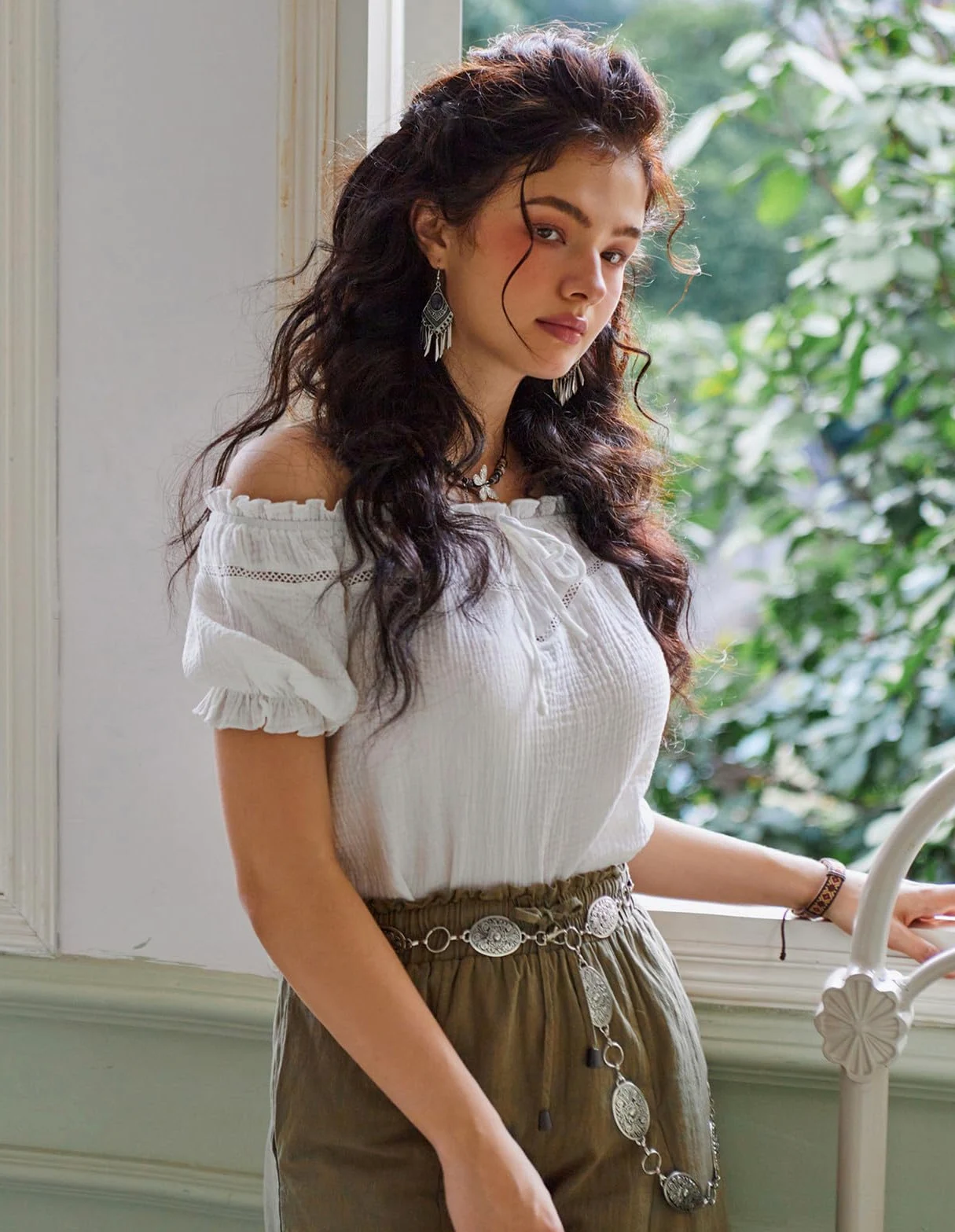 Scarlet Darkness Blouse de style Renaissance pour femme, aux épaules dénudées et manches bouffantes, coupe ample pour l'été