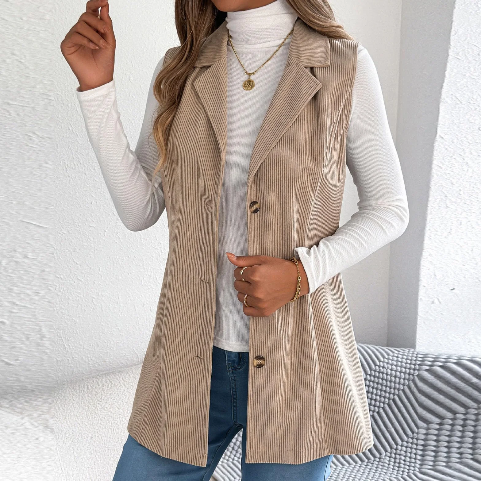 RLEHJN Veste Sans Manches En Velours Côtelé Pour Femme Manteau Sans Manches Femme Automne Gilet Long Décontracté Avec Bouton Waistcoat Confortable Couleurs Unies Manteau Avec Poches