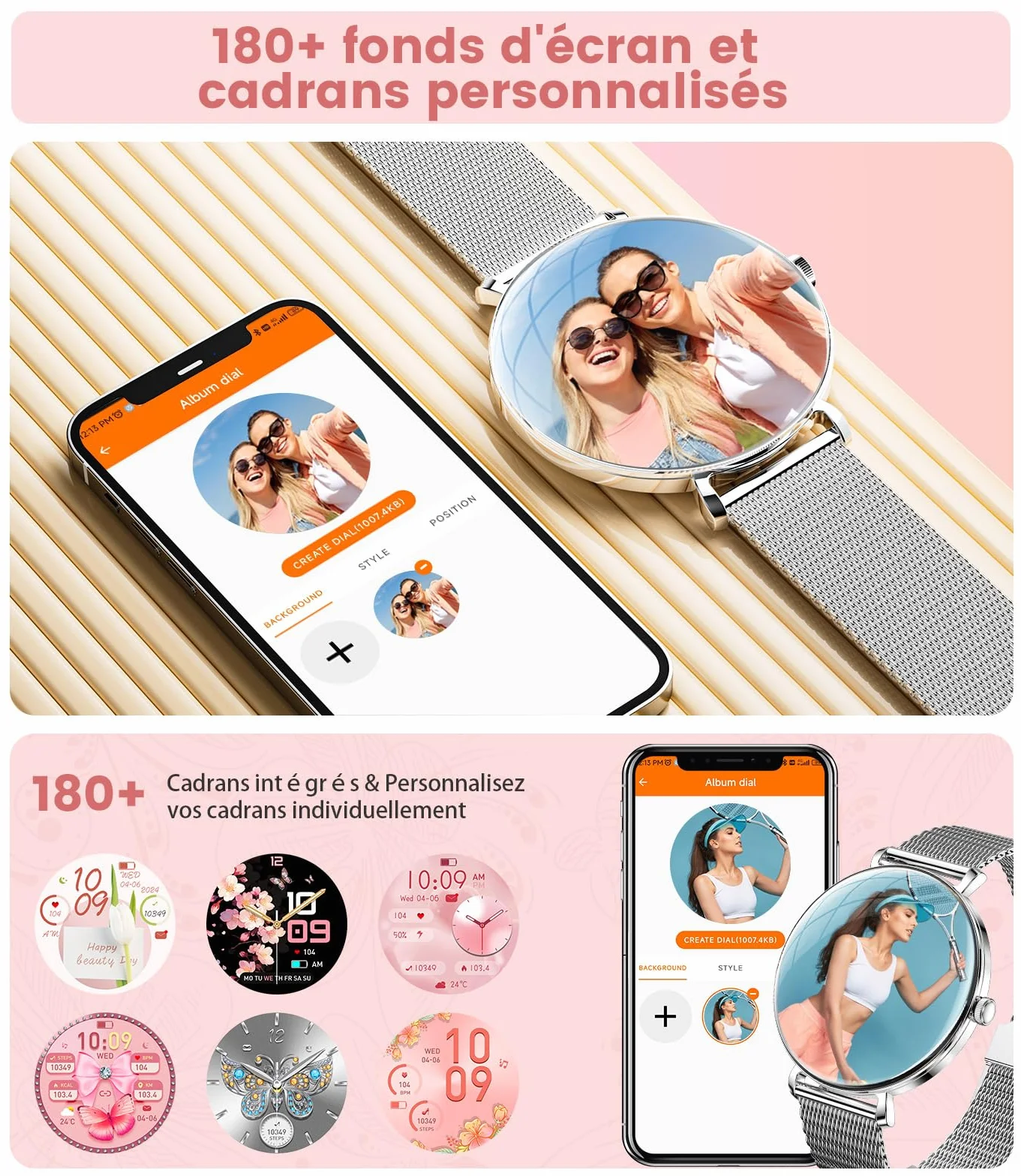 SUNKTA Montre Connectée Femme Léger avec 1.43'' Écran Courbé AMOLED Appels Cycles Menstruels/Podómetro/Fréquence Cardiaque 100+ Modes Sportifs 5ATM Imperméable Élégante Femme Smartwatch Android iOS
