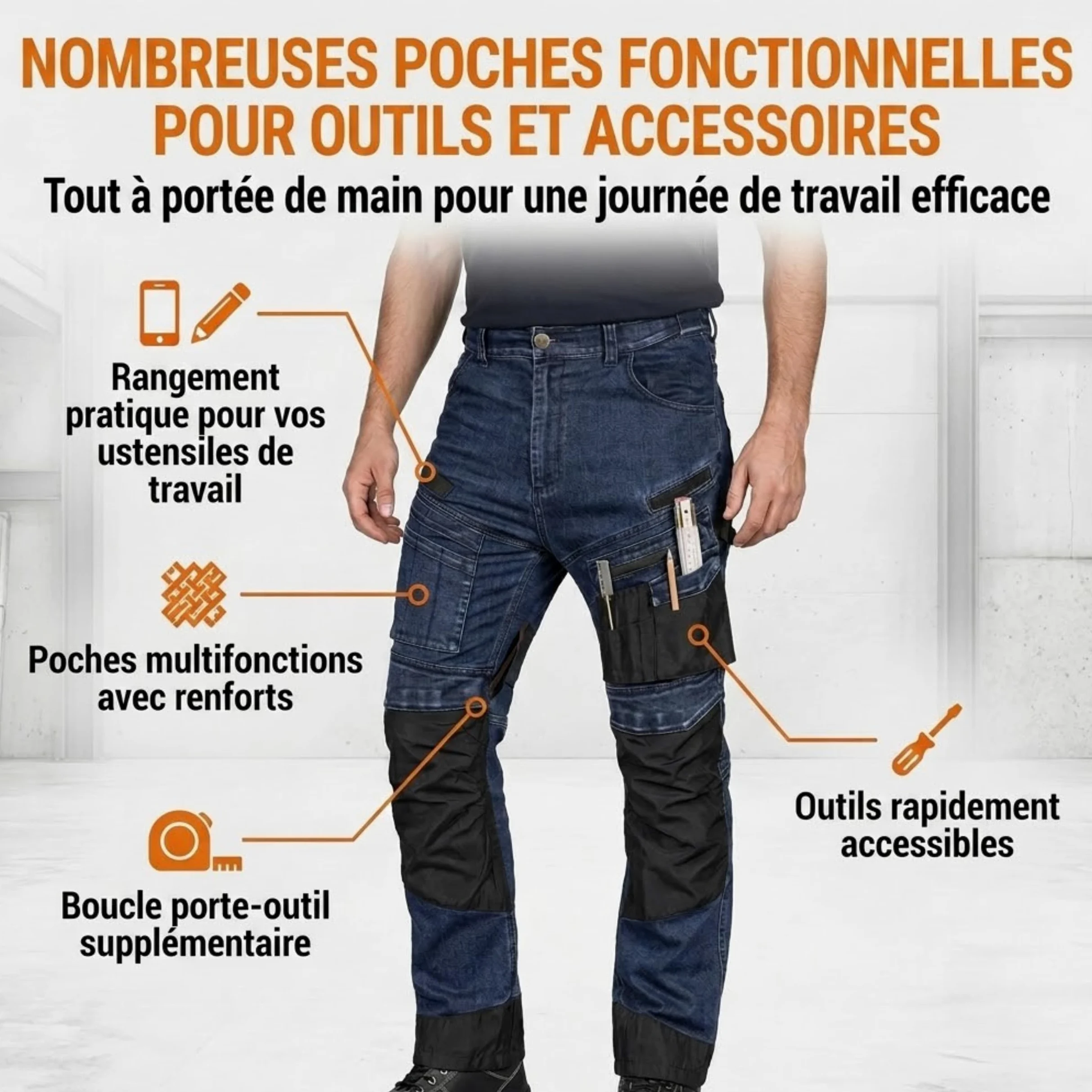 NEO TOOLS Pantalon de travail en jean robuste - Pantalon résistant pour homme en denim, 400 g/m², avec poches genouillères, renforts Oxford et stretch