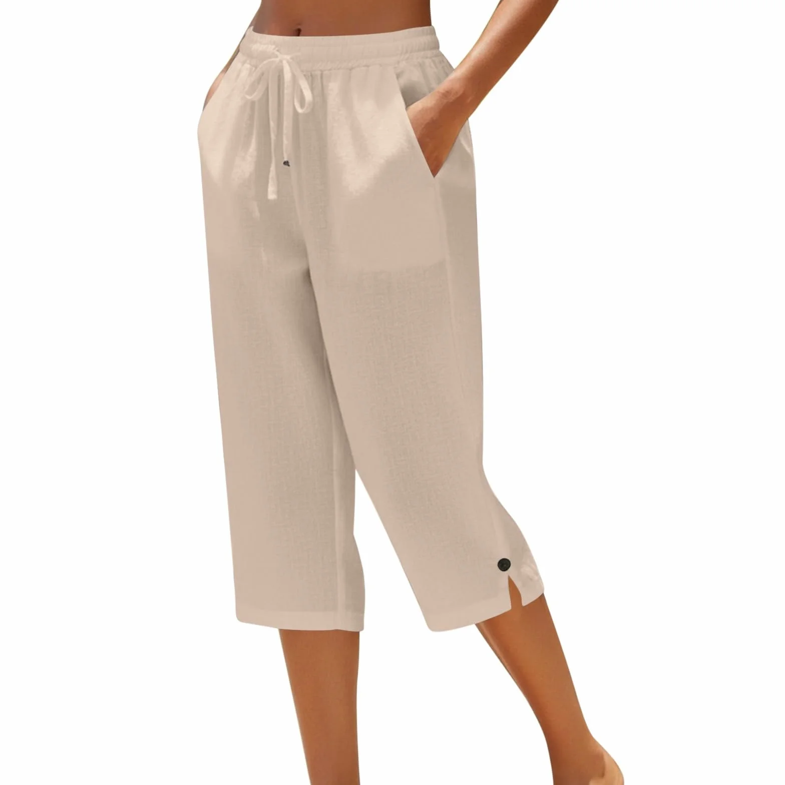 Pantacourt Femme Grande Taille Été Pantalon de Sport 3/4 en Coton et Lin Pantalon de Jogging Léger avec Poches Taille Élastique avec Cordon Bouton à la Cheville Décontracté pour Yoga Randonnée