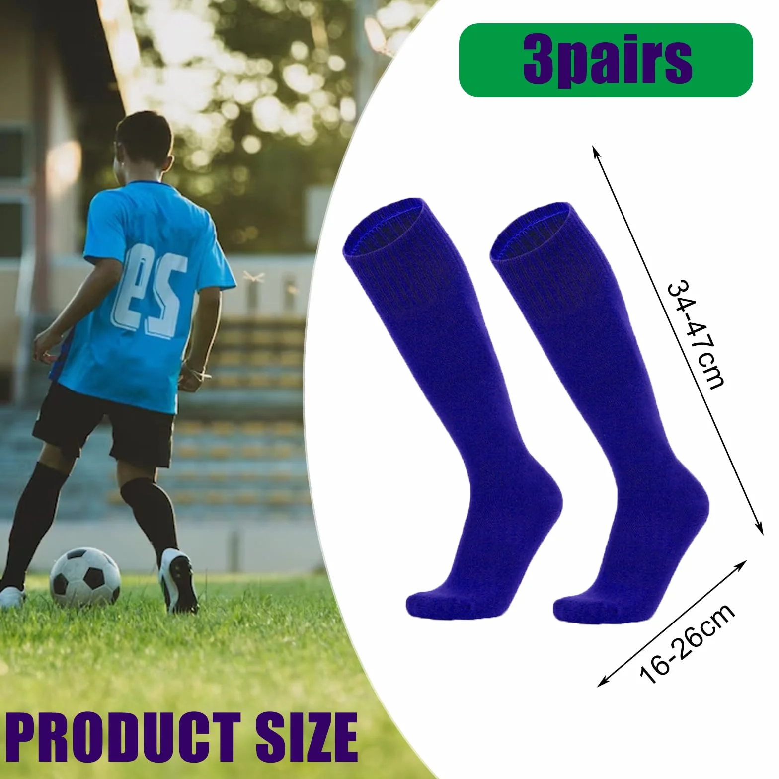 Lot de 3 paires de chaussettes de football respirantes pour enfants de 5 à 12 ans - Bleu, bleu, 5-12 Years