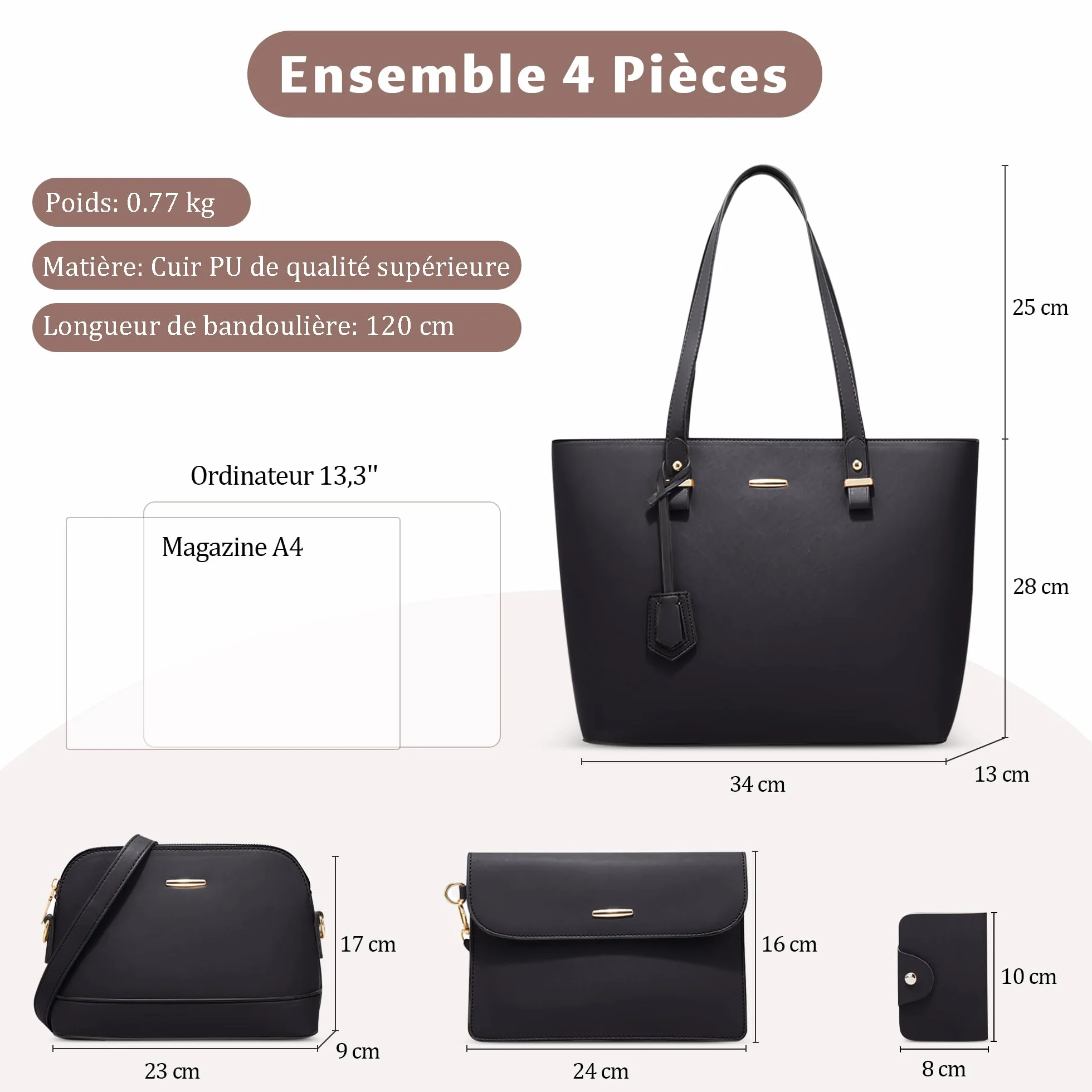 Sac à Main Femme 4 Pièces — Grand Cabas PU Cuir Élégant avec Bandoulière, Pochette et Porte-Carte, Idéal Université, Travail, Shopping, Voyage Noir