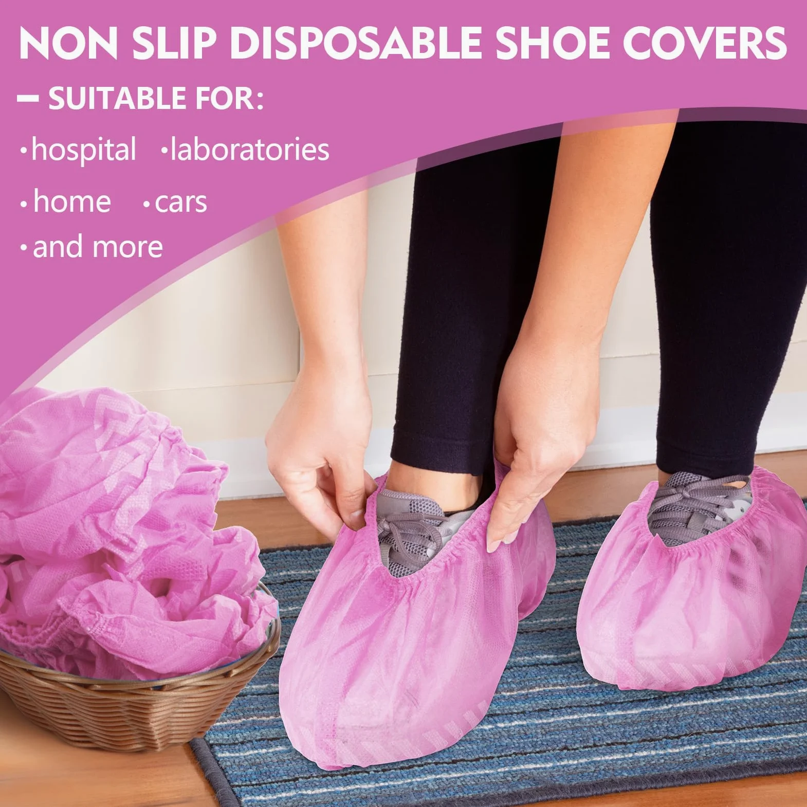 Zhanmai Lot de 300 couvre-chaussures jetables antidérapants et jetables pour entrepreneurs en intérieur, protecteurs de sol et de tapis, taille unique (rose)