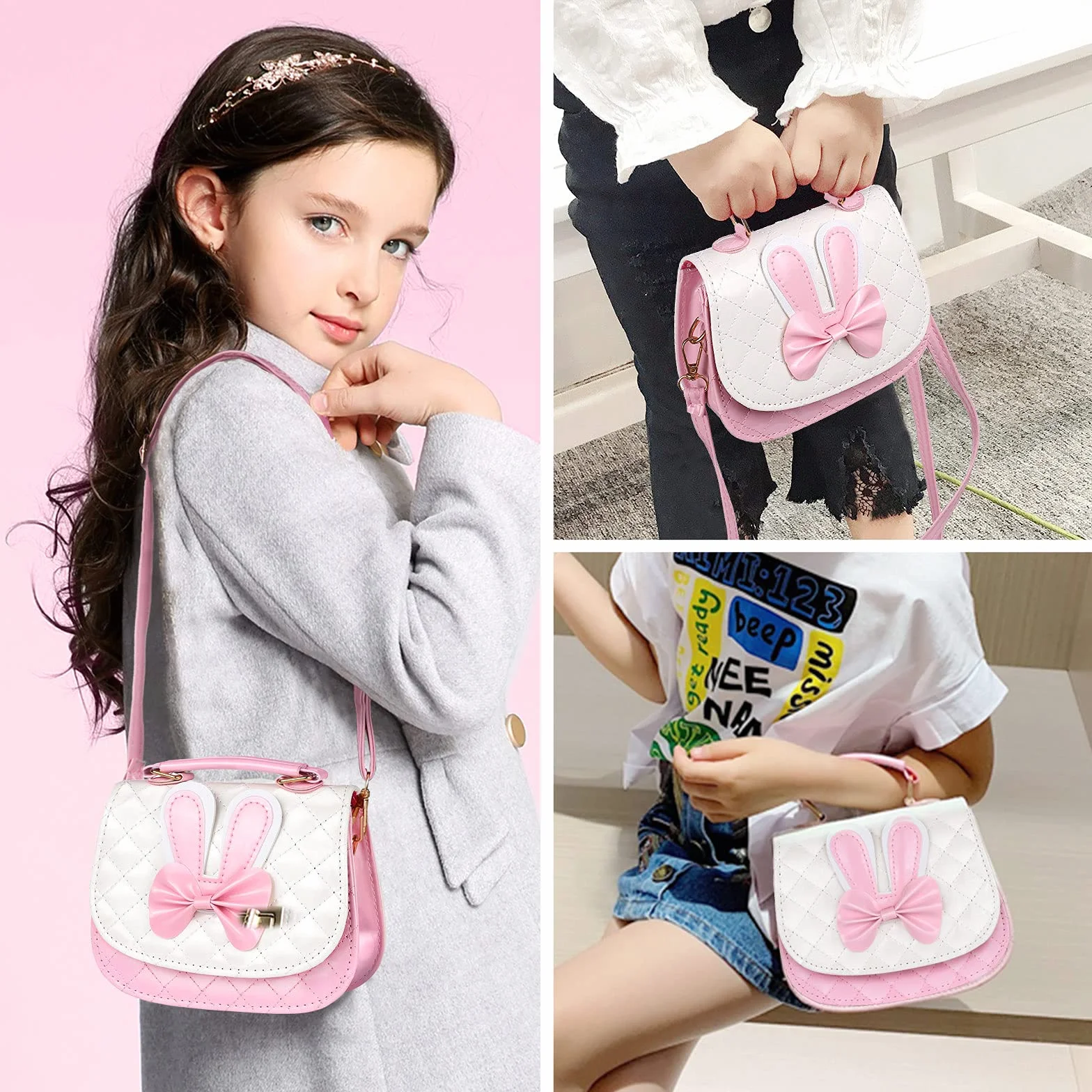 ZWOOS Sac à Bandoulière pour Filles, Cute Bow Bandoulière Sac a Main Petite Fille Mignonnes Épaule, Sac à Main De Mode Pour Petites Filles Sac Bandoulière en Cuir PU Enfant (ROSE)