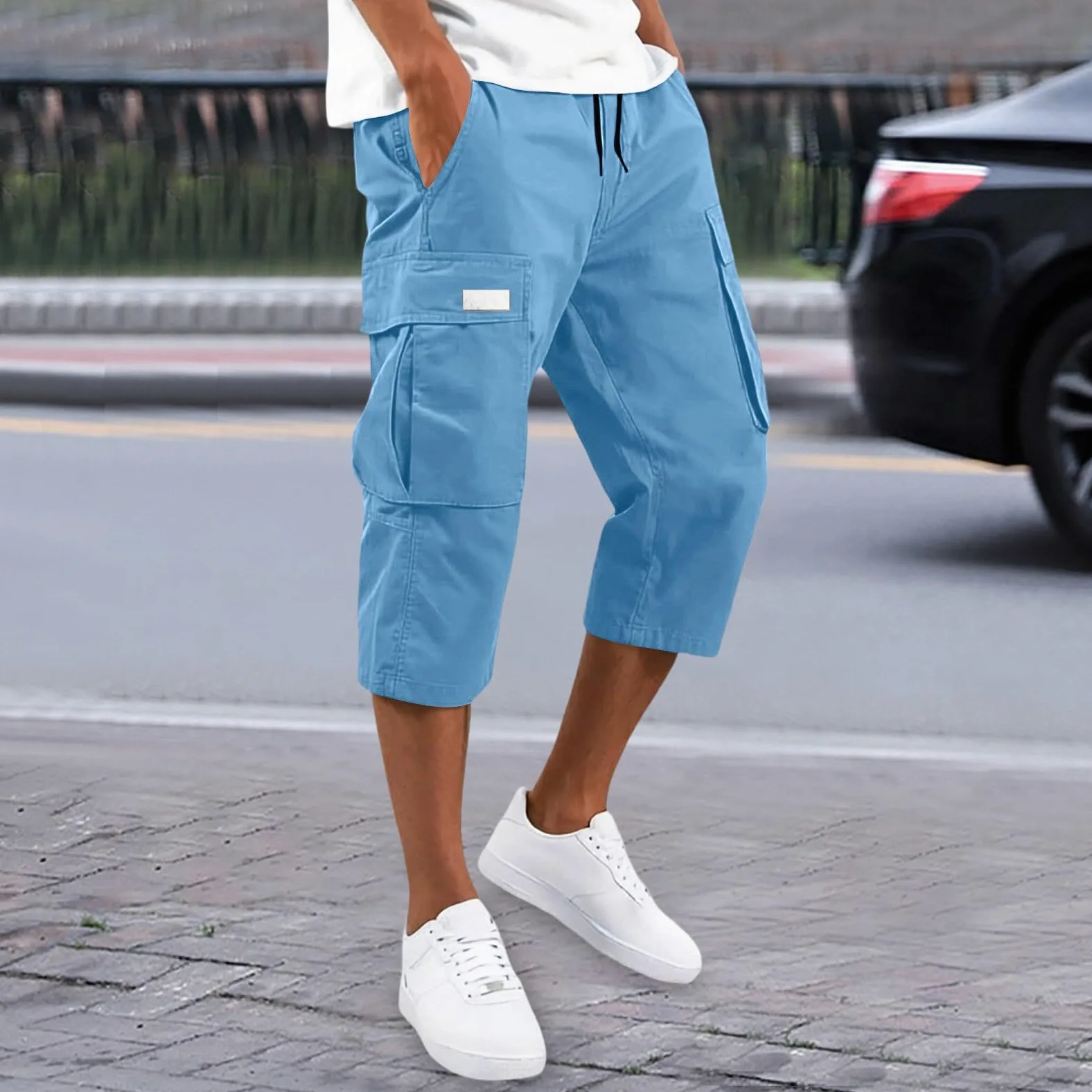 Shorts Cargo Homme Bermuda Été Longueur 3/4 Elastique Pantacourt Uni Short De Travail Multi-Poche Taille Élastique Loisirs Voyage Sport Randonnée Casual Quotidien Décontracté Pantalon Coton
