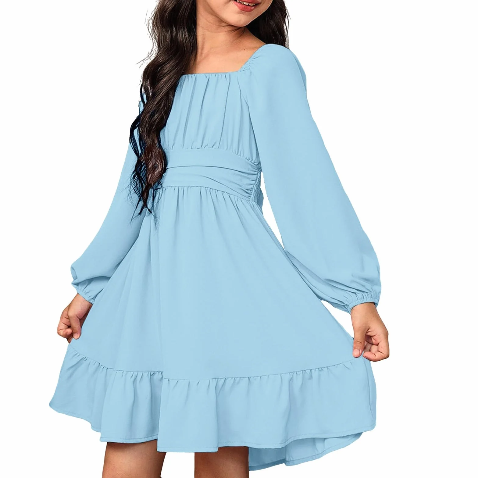 Robe trapèze à manches longues col carré pour fille taille haute plissée plage vacances mariage