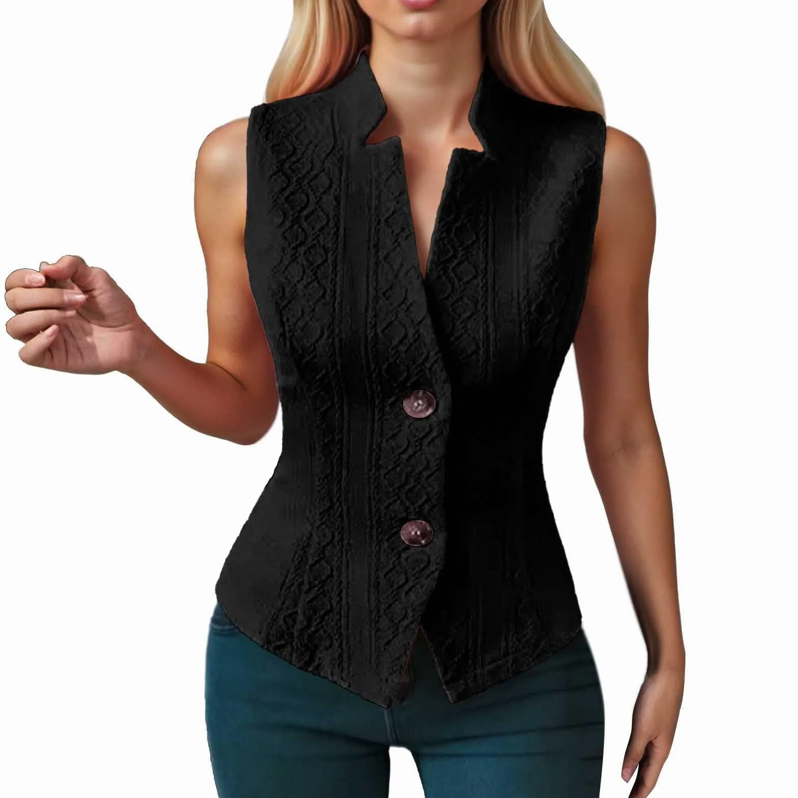 Gilet pour femme, aspect blazer cintré, veste sans manches avec col montant, gilet élégant avec boutonnière asymétrique