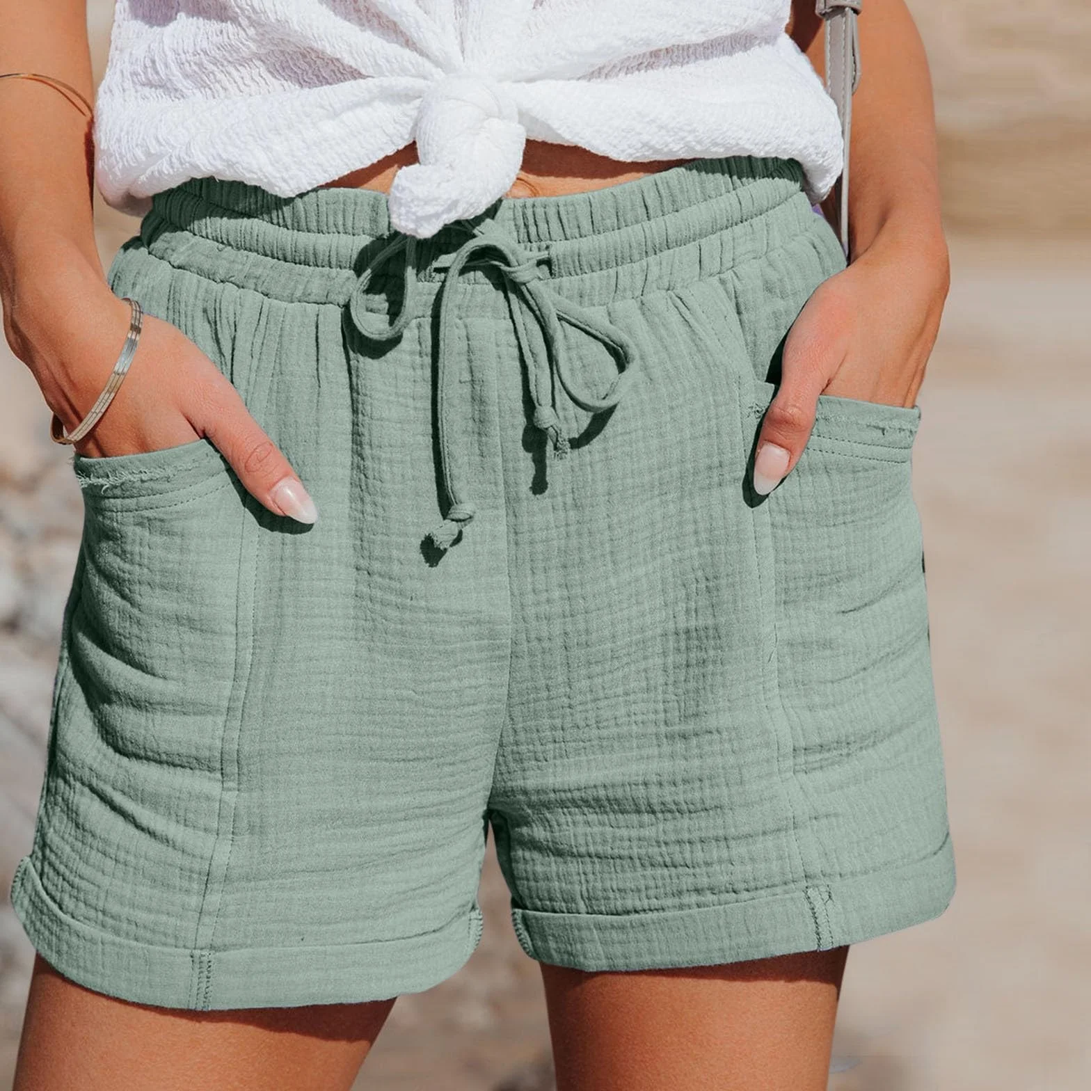 Bermuda Short Femme en Lin Et Coton Ete Shorts Et Bermudas Femme De Plage Taille Elastique Shorts Jogging avec Poches Large Pantalon Court Leger Chic avec Cordon De Serrage pour Vacances