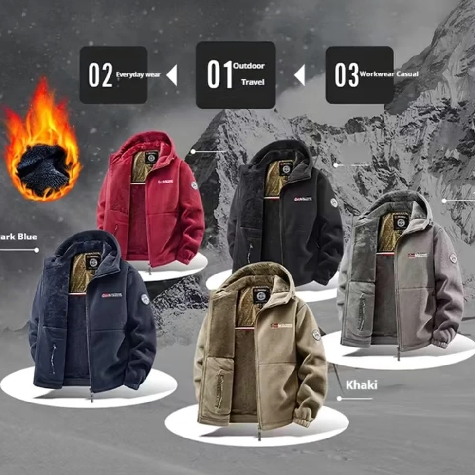 Veste polaire brodée zippée pour homme avec doublure thermique en graphite - Veste cardigan à capuche en polaire double face coupe-vent Sherpa
