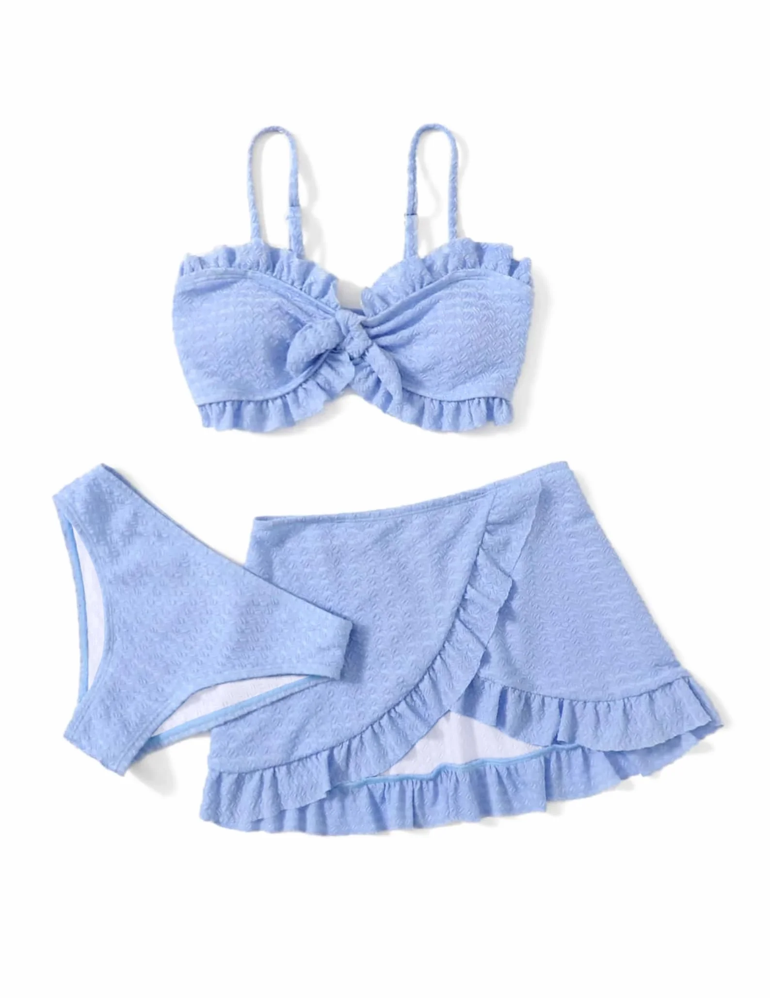 Maillot de Bain 3 pièces pour Fille avec Jupe torsadée sur Le Devant, Haut de Bikini, Slip de Bain de Couleur Unie et Jupe Cache-Maillot de Bain pour la Plage et la Piscine, Bikinis pour 5 à 14 Ans