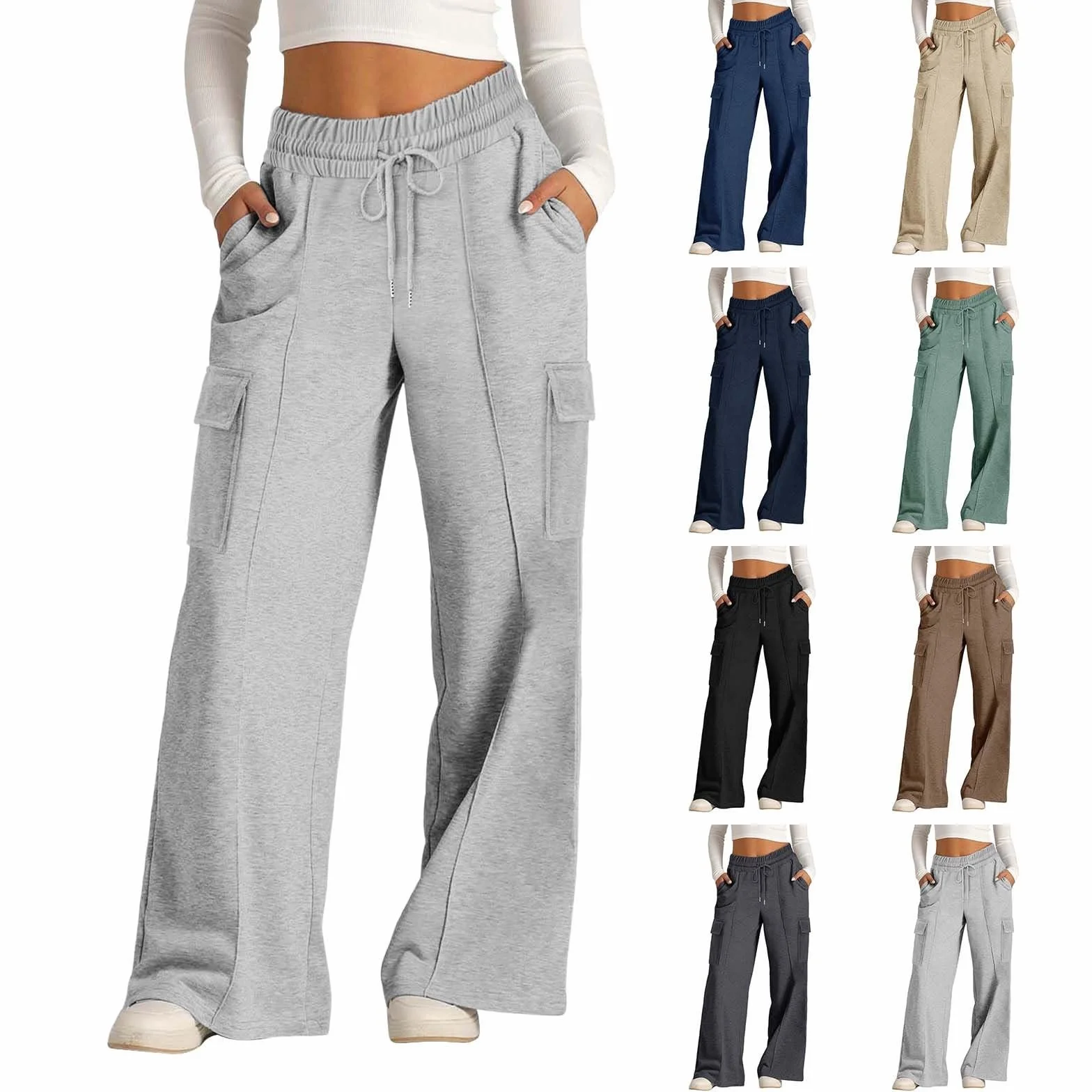 Pantalon de jogging cargo taille haute pour filles - Pantalon de survêtement à jambe droite - Taille élastique - Pantalon de survêtement hip-hop avec poches