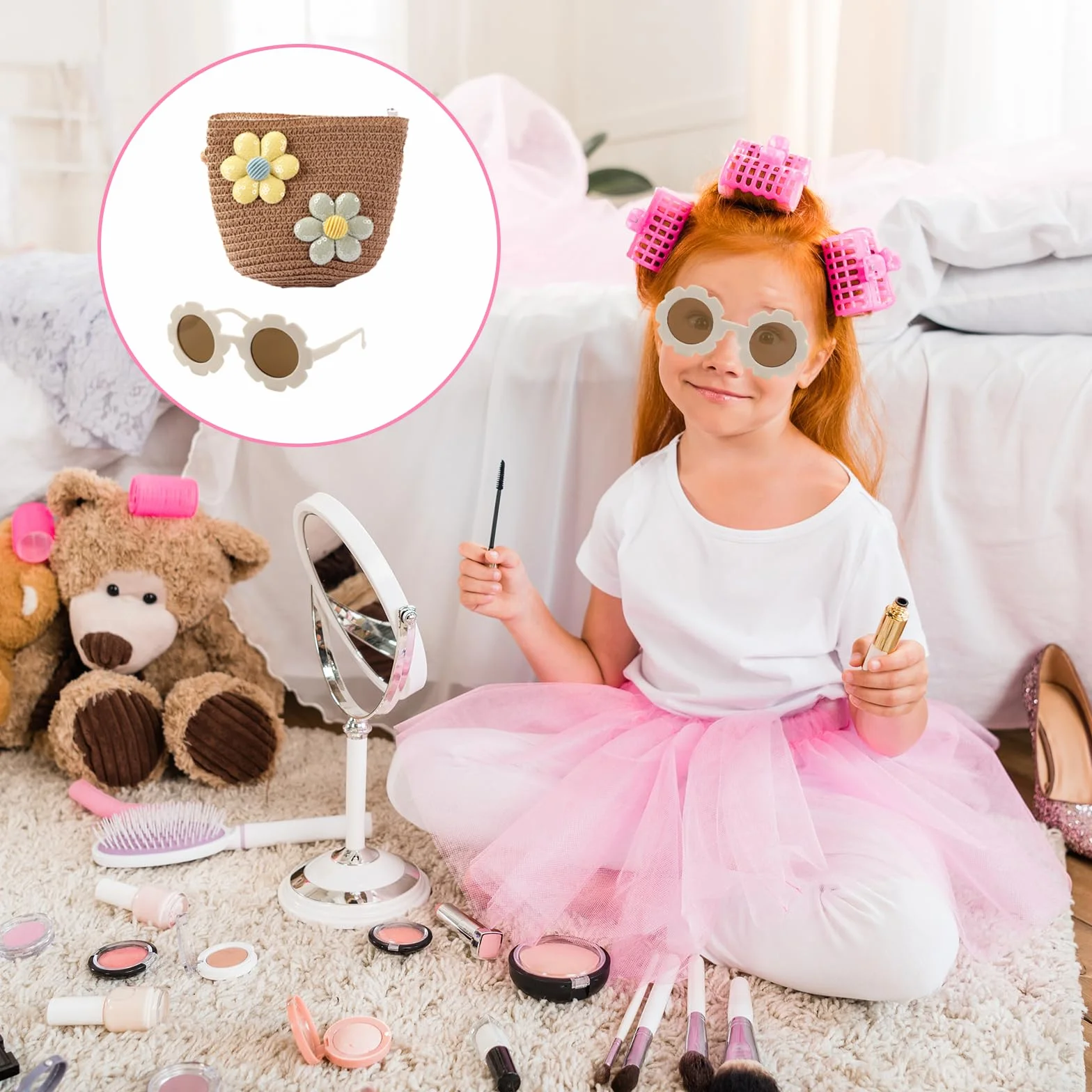 Ensemble sac à bandoulière pour filles – Joli sac à main avec lunettes de soleil à fleurs, sac à main tressé réglable pour enfant
