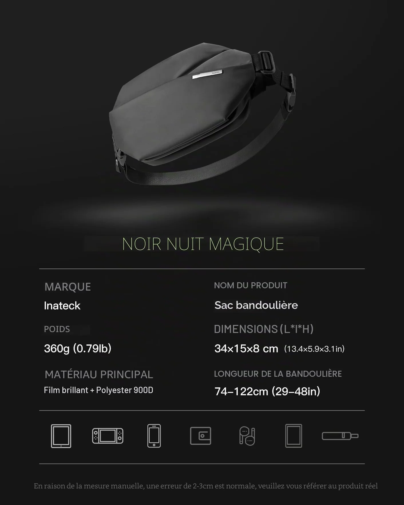 Inateck Sac Banane Hommes Femmes bandoulière réglable Sacoche Ceinture Polyvalent Voyage Randonnée Cyclisme Travail Sport Noir