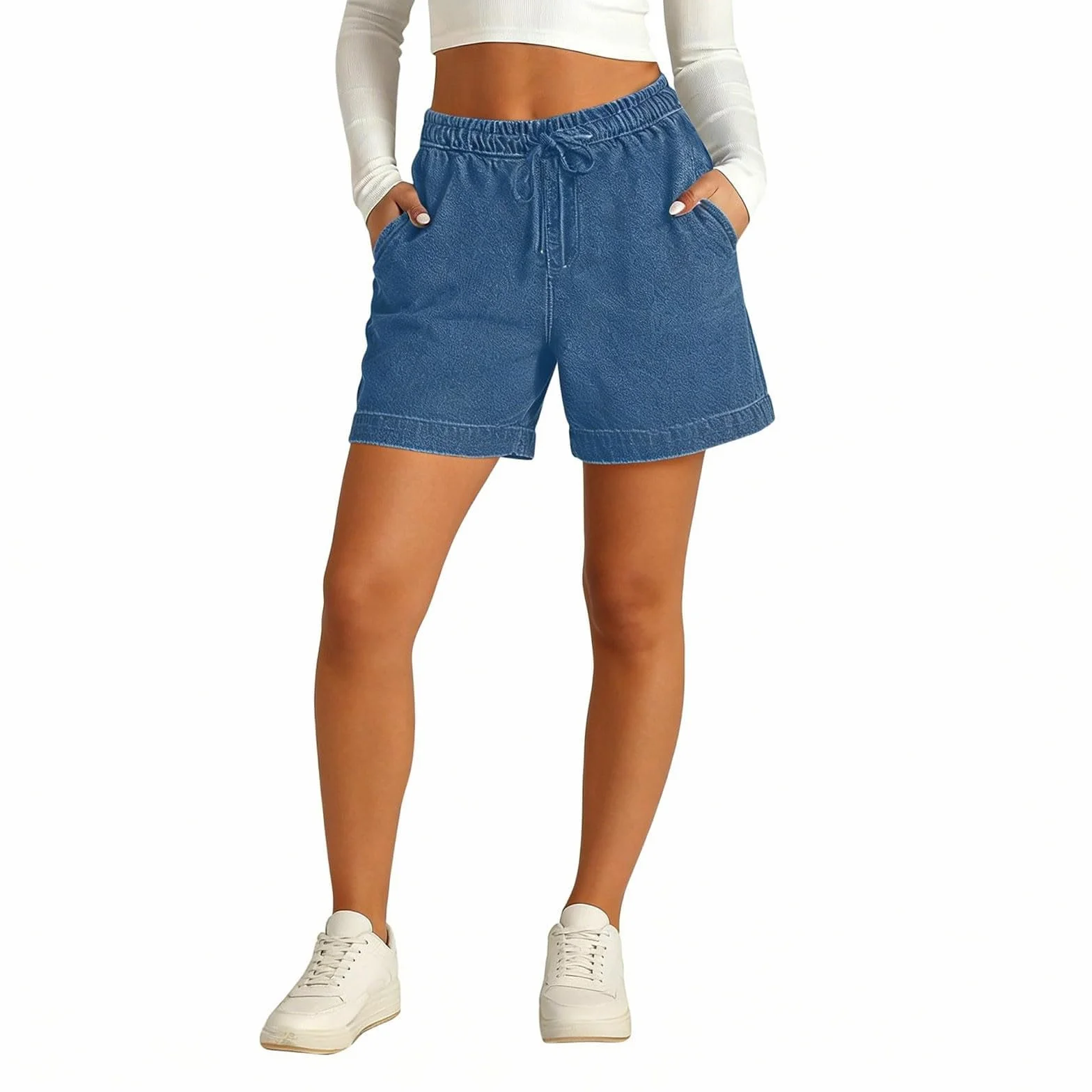 Short en jean ample pour filles - Short d'été à taille élastique avec poches à cordon de serrage - Respirant - Jambe large - Pantalon de sport décontracté