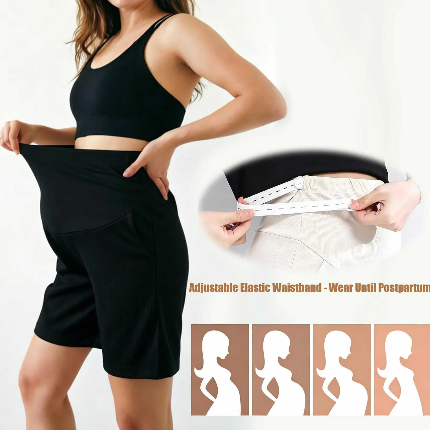 Maternité Shorts Taille Haute, Grossesse Short Ajustable Confortable et Extensible avec Poches, Short de Grossesse pour Yoga Sport Détente