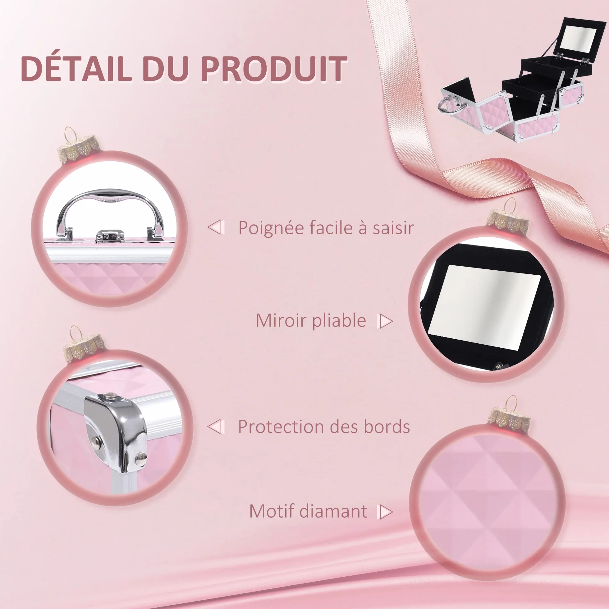 HOMCOM Mallette à Maquillage Rangement 3 Niveaux Miroir Verrouillage 2 Clés