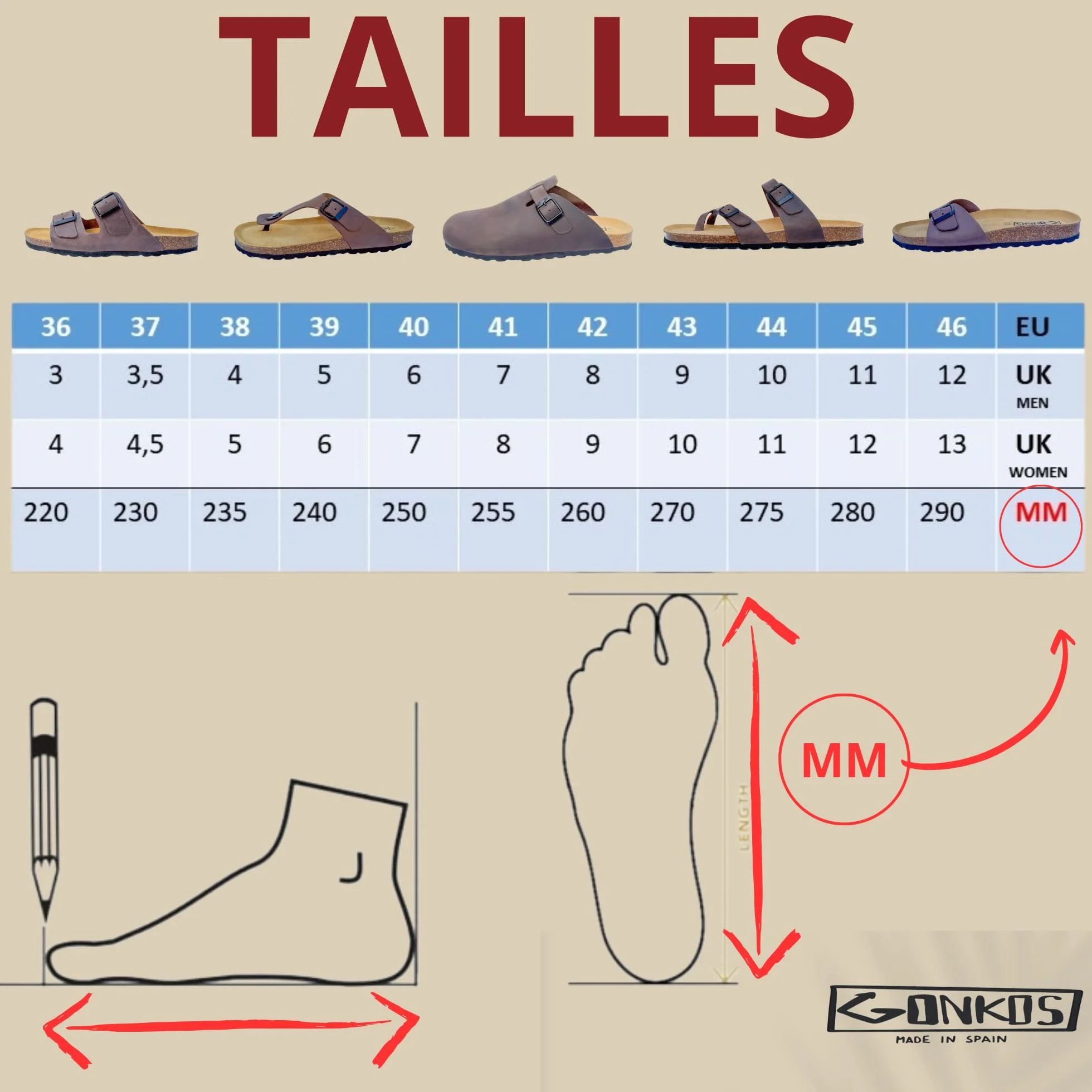 Sandales Tongs en cuir, Semelle intérieure anatomique en liège, Cuir véritable, Liège naturel, Boucle réglable, Tongs unisexe, Sandales de qualité fabriquées en Espagne