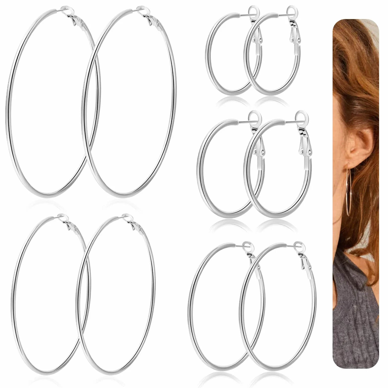 grandes boucles d'oreilles créoles en acier inoxydable, 5 Pairs Boucles d'Oreilles Femme Acier Inoxydable Creoles Argent Boucles d'Oreilles, Cercles hypoallergéniques (30/40/50/60/70 mm)