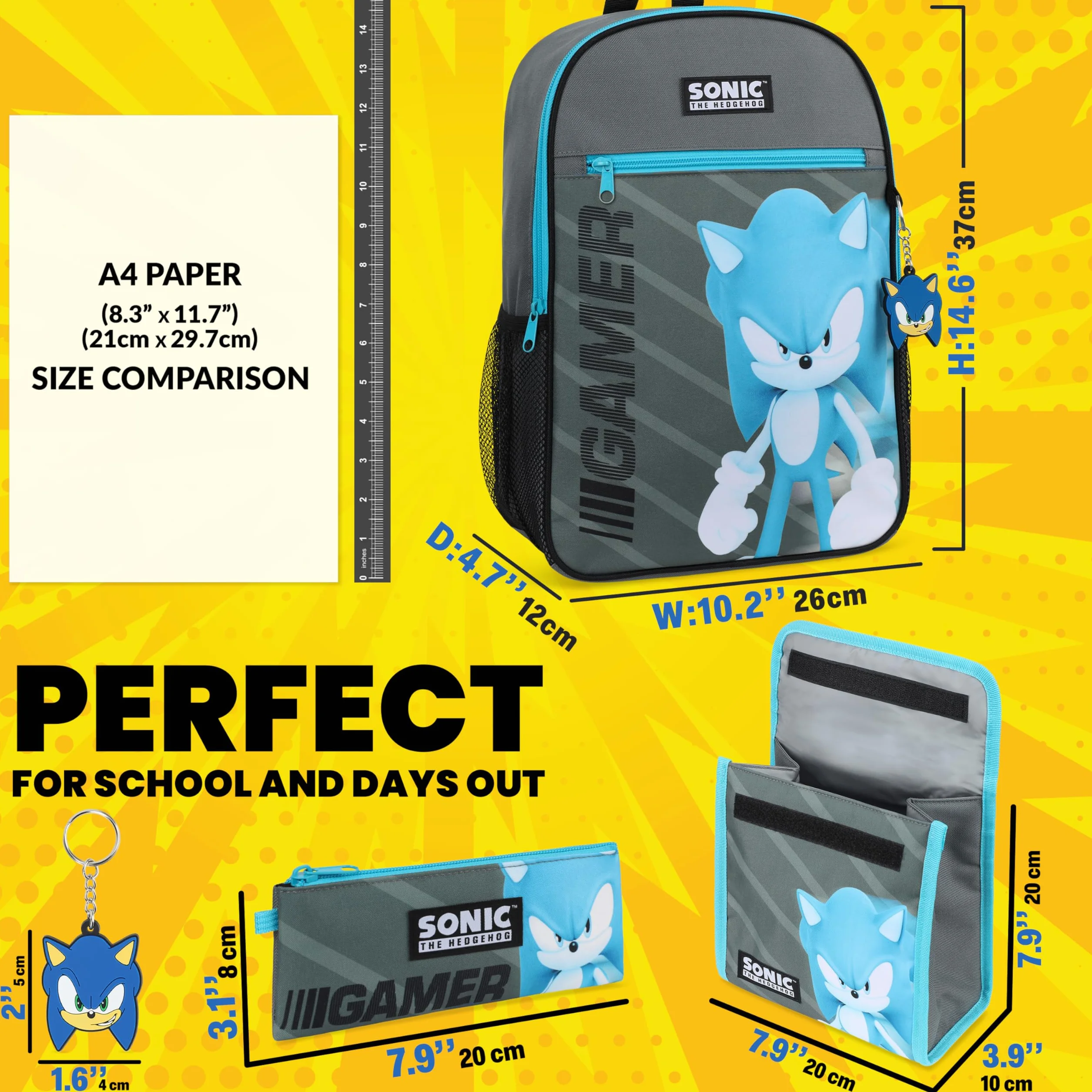Sonic The Hedgehog Sac à Dos Enfant, Cartable Garcon Primaire CP Sac à Dos 37 cm avec Accessoires Lunch Box Enfant, Trousse, Porte Clef, Idée Cadeau Rentrée Scolaire Ensemble 4 Pièces