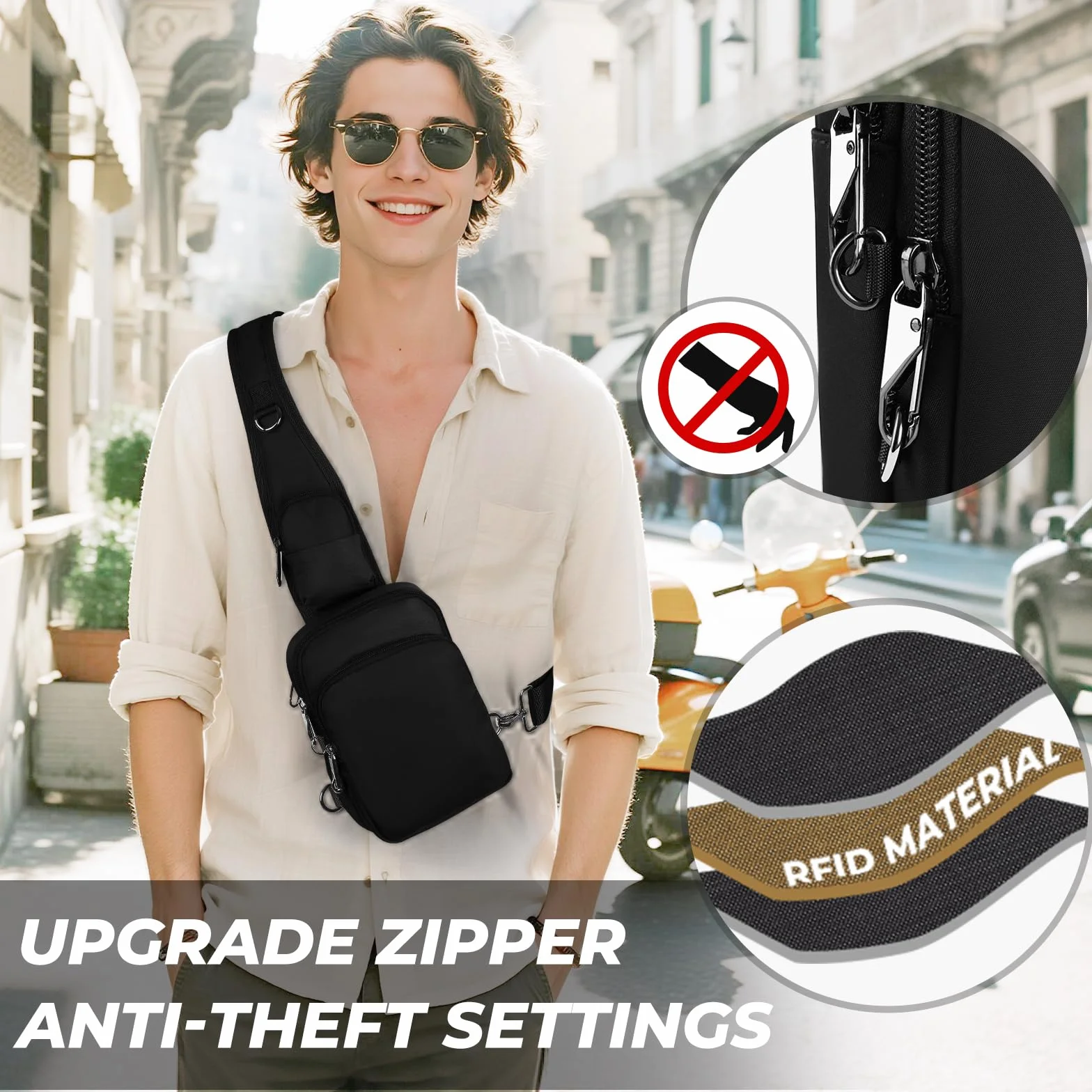 Sac à bandoulière antivol - Sac de poitrine - Pour homme et femme - Étanche - Petit sac à main avec fermeture éclair et blocage RFID
