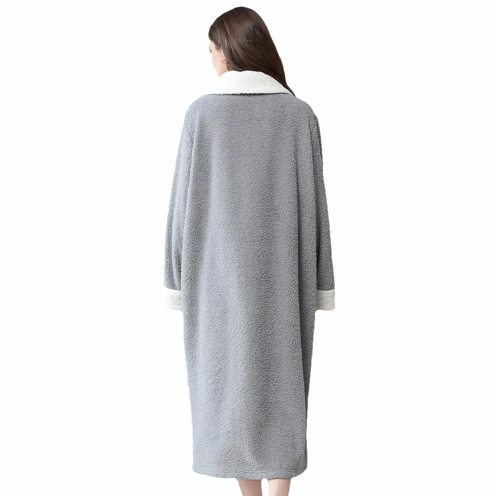 rismart Femme Peignoir Moelleux Col Carré Pleine Longueur Robe de Chambre Mesdames Robe du Matin avec Fermeture Eclair