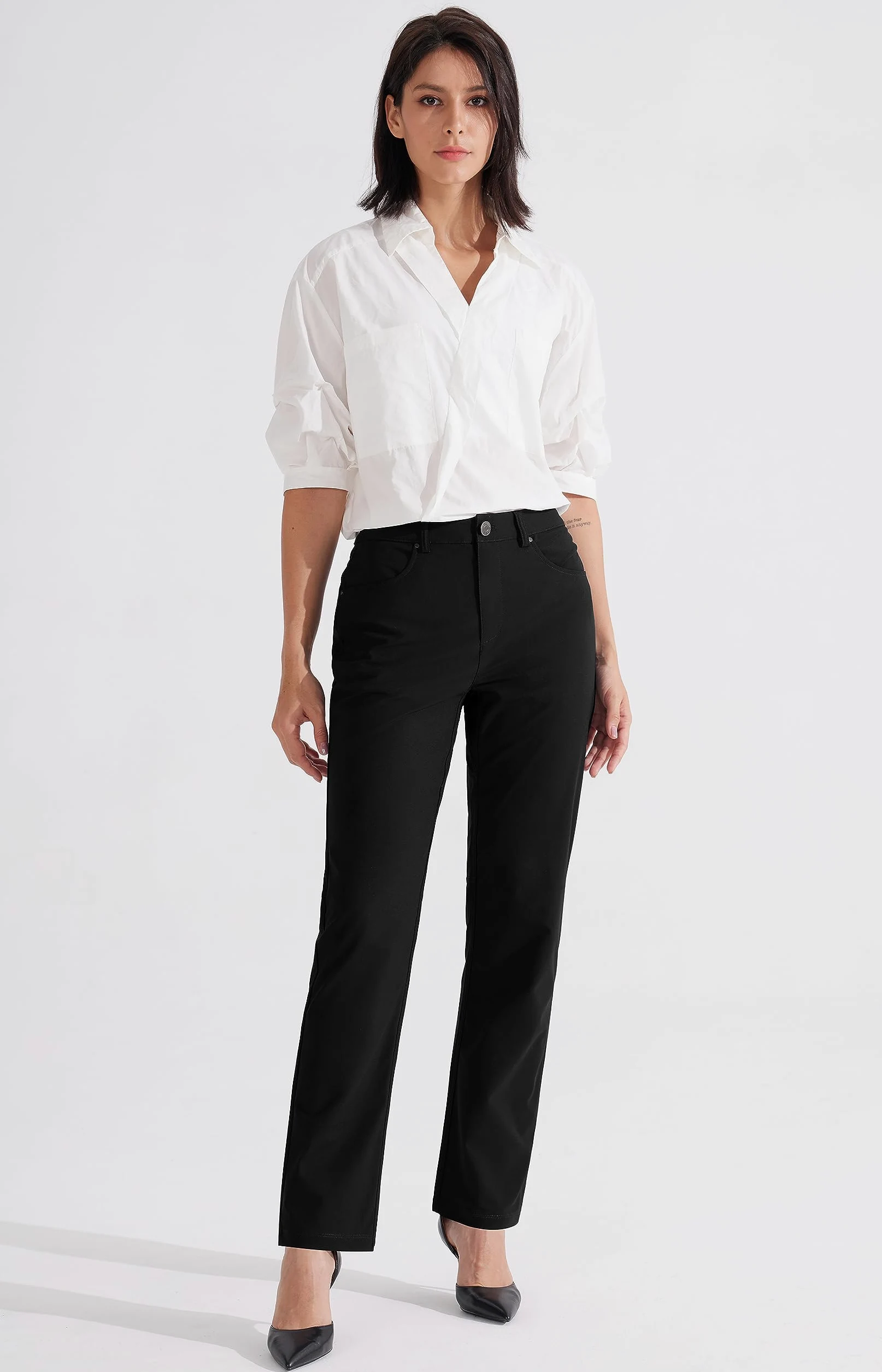 Libin Pantalon habillé pour femme 73,7 cm, 78,7 cm, extensible, jambe droite, pantalon de travail, pantalon de golf décontracté pour le bureau, le travail, le voyage, léger, noir, 34