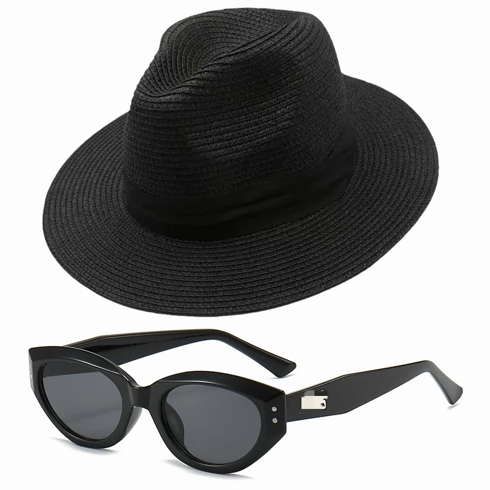 Chapeau de Paille à Larges Bords Panama Unisexe UV400 Noir