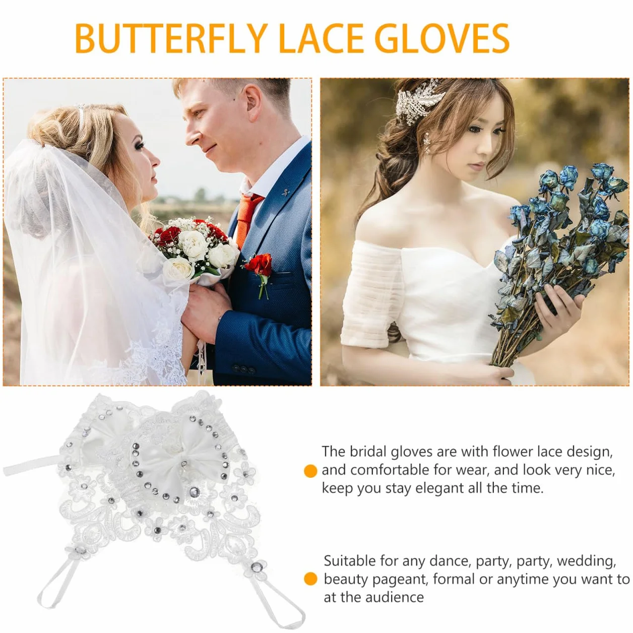 PRETYZOOM De Mariée En Dentelle Fleurie Sans Doigts Avec Nœud Strass Paire De Femme Élégants Pour Robe De Mariée Mariage Et Soirée Taille 6.30X3.15 Pouces