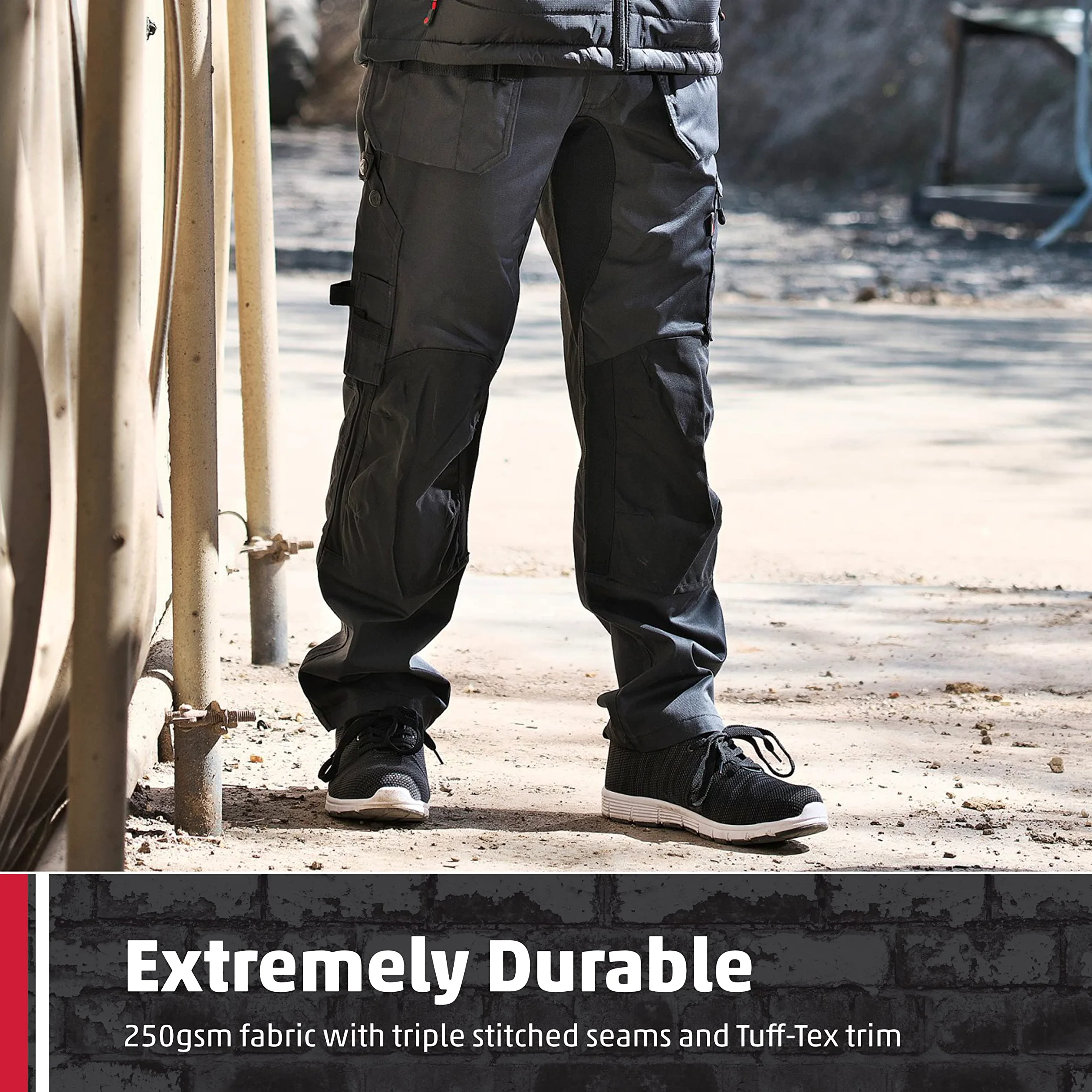 TuffStuff - Pantalon de travail X-Motion - Style cargo - Panneaux extensibles - Coutures triples - Dispose de poches genouillères - Confortable et flexible, gris, 32 W