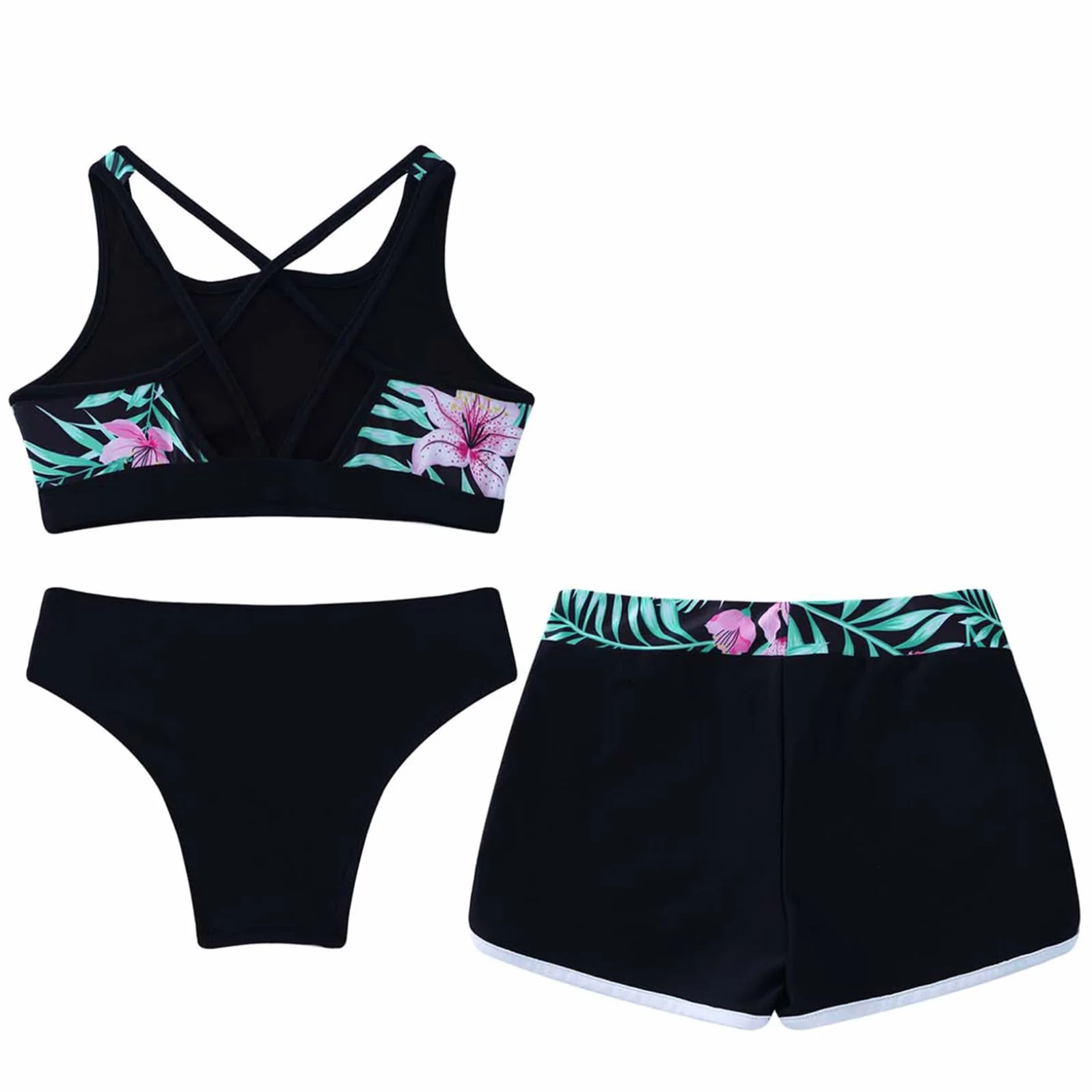 Freebily 3 Pièces Maillots de Bain Filles Tankini Bikini Vetement de Natation Plage Anti UV Ensemble Haut + Slip + Short de Bain Swimwear 3-16 Ans